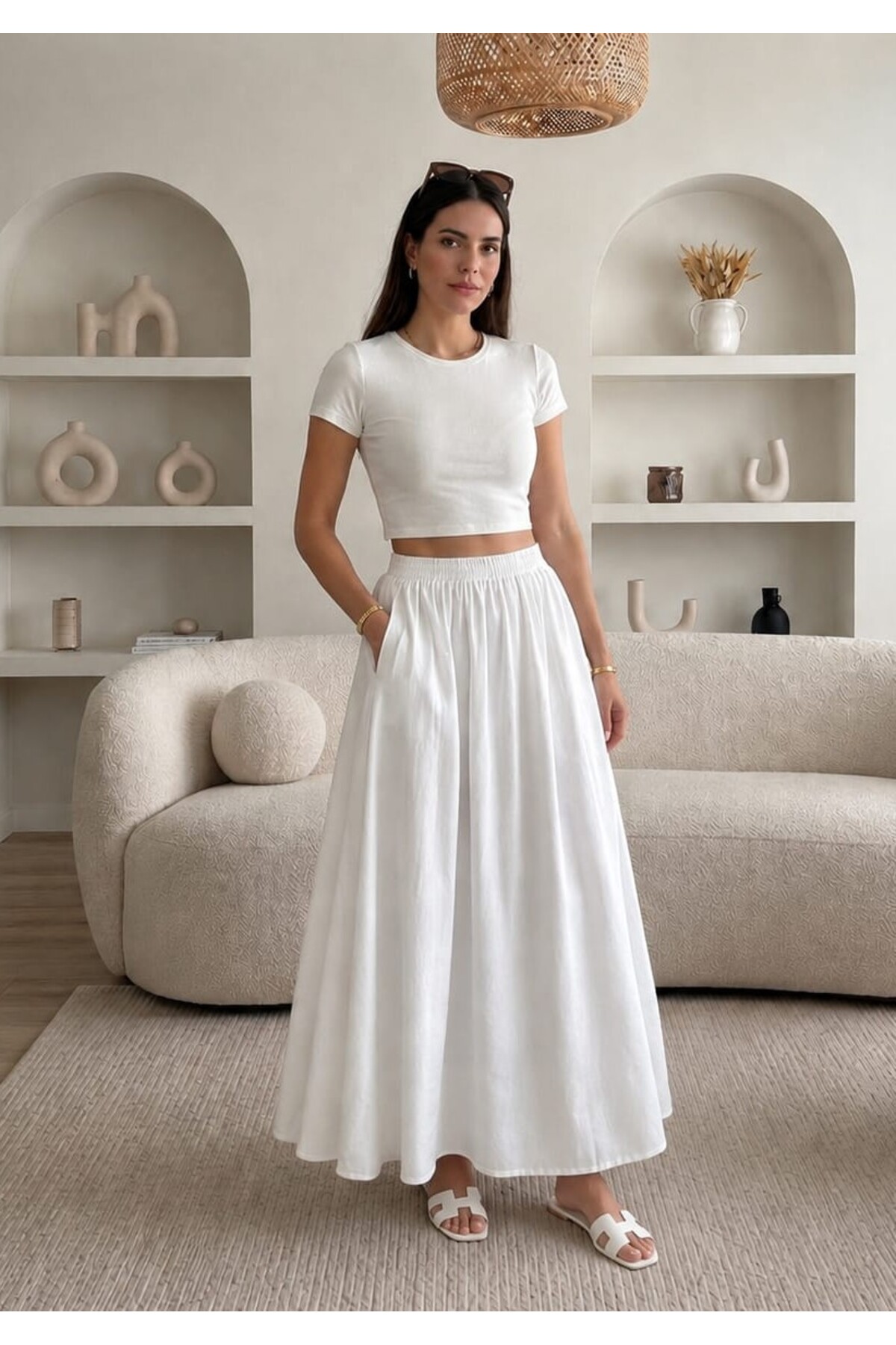 Gülmude  Çift Cepli Poplin Kumaş Beli Lastikli İç Göstermez Maxi Etek (90 CM) - Görsel 5