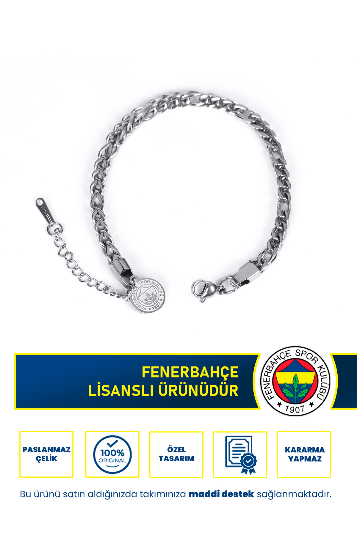 Fenerbahçe FB İnce Ayarlanabilir 19 cm Çelik Bileklik Gri Lisanslı Taraftar Aksesuarı
