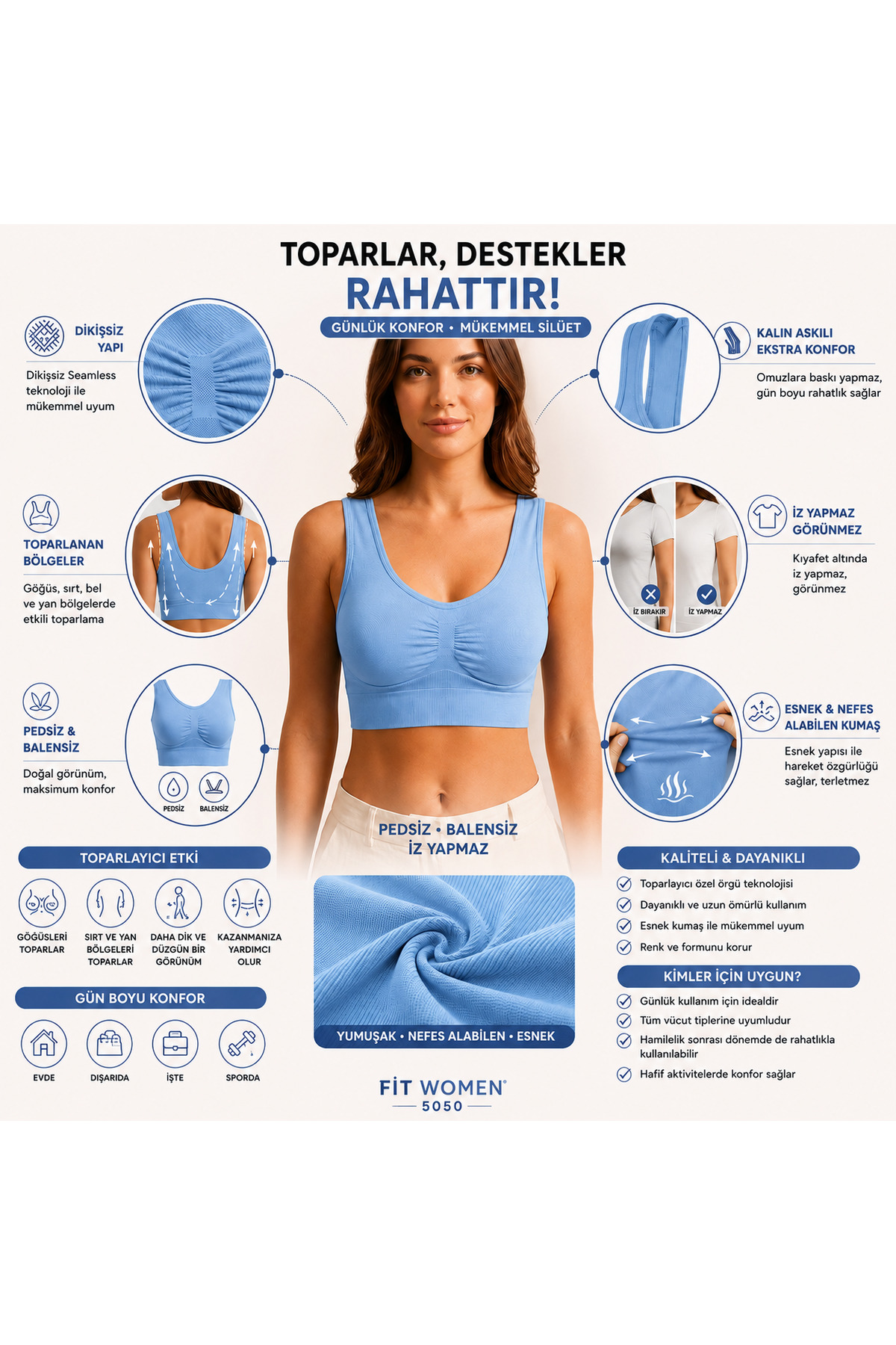 FİT WOMEN Göğüs Toparlayıcı Dikişsiz Seamless Büstiyer Korse, Kalın Askılı Pedsiz Balensiz Toparlayıcı Sütyen 5050 görsel 5