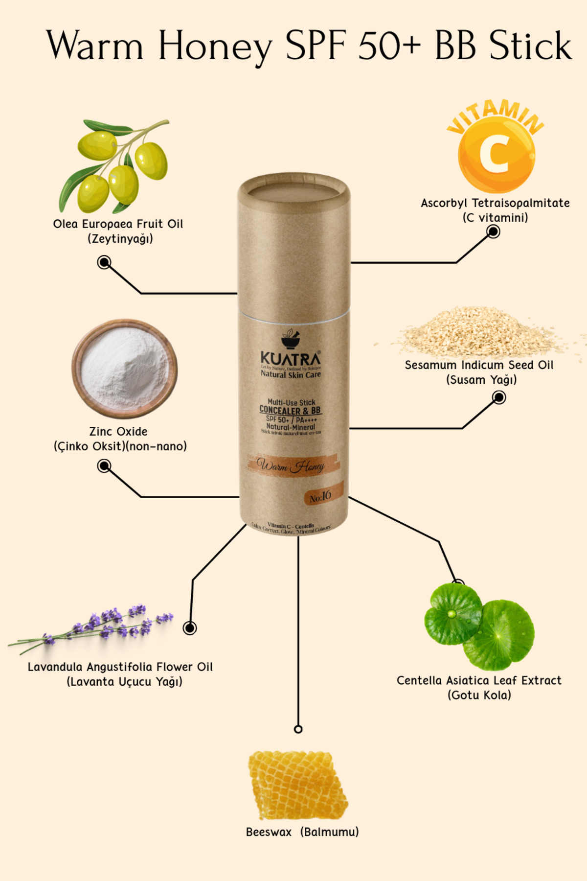 کانسیلر استیک معدنی طبیعی و عسلی گرم و کرم BB با SPF 50+ و PA++++، مراقبت از پوست با ویتامین C — بژ 16 — تصویر 3 از 9
