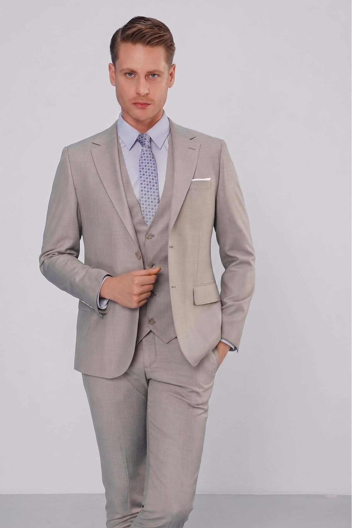 Erkek Slim Fit Mono Yaka Düz Gri Yelekli Takım Elbise TK 871 — خاکستری TK871Y1022 — تصویر 2 از 7