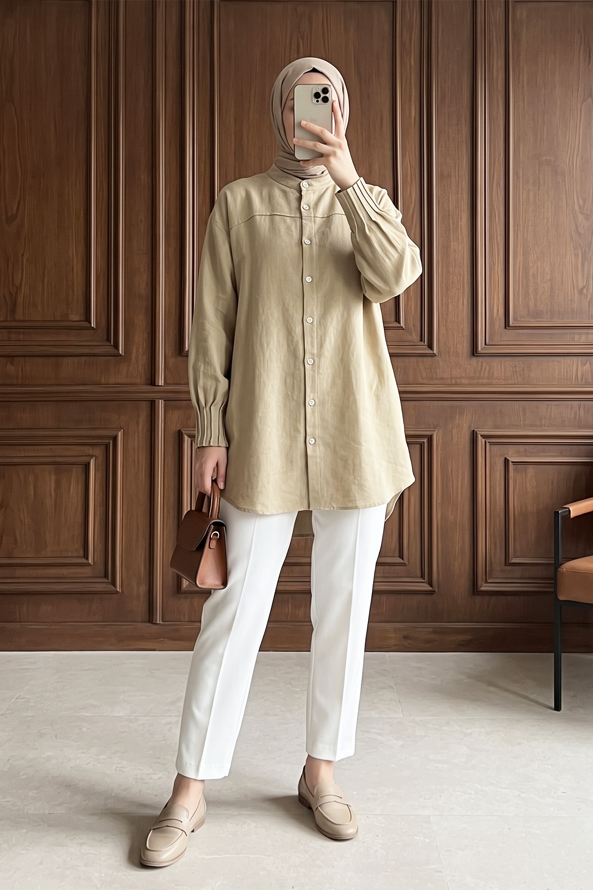 Sleeve Rib Detailed Linen Shirt Beige
