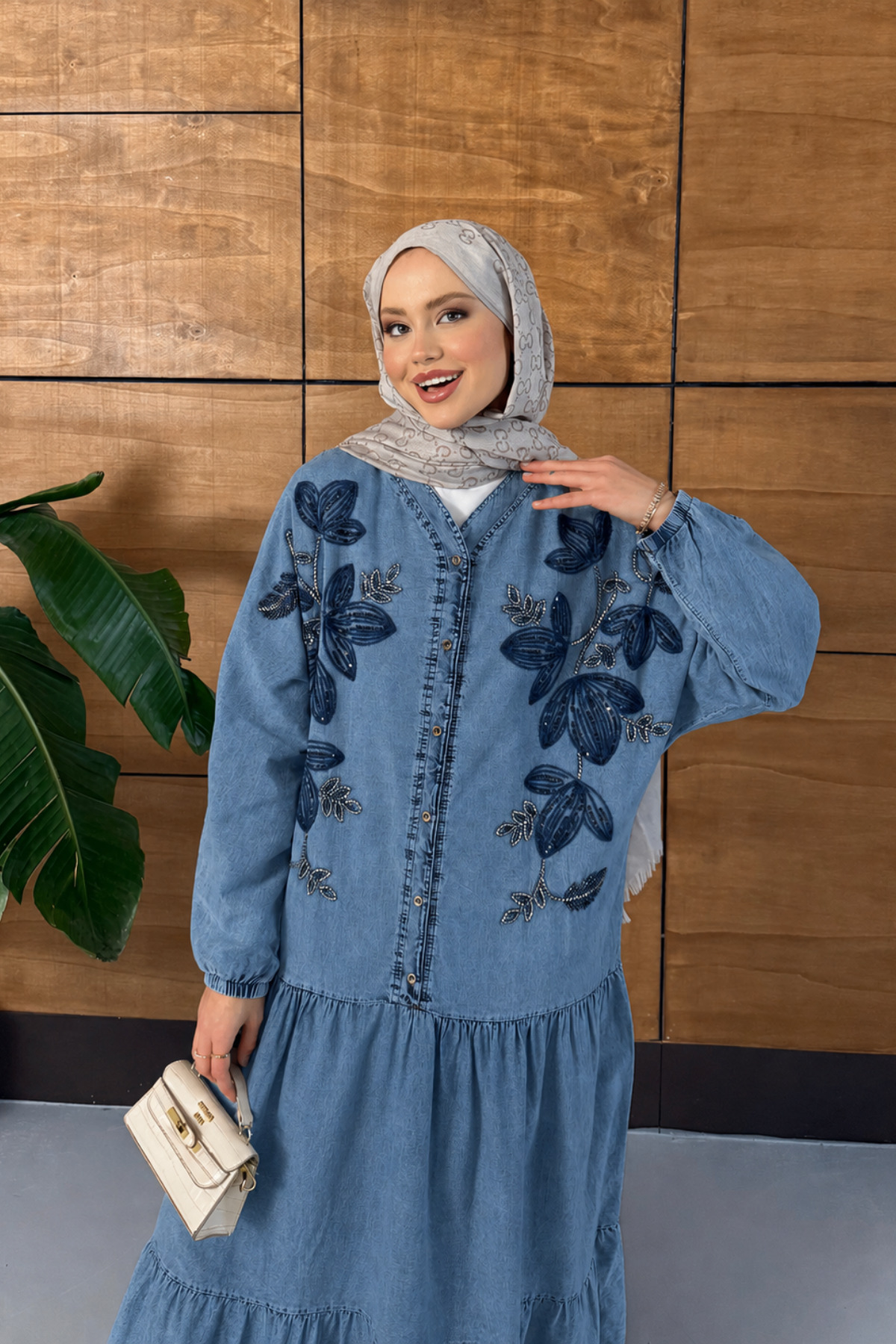 Miss Allos Women's Beaded Embroidery Half Button Denim Dress