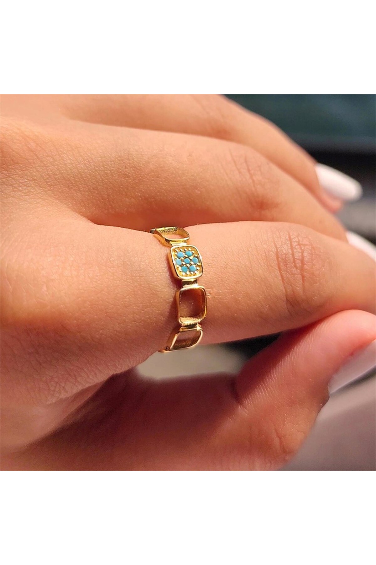 FasekGold Kapalıçarşı Kare Sıralı Firuze Taşlı 925 Ayar Tasarım Gümüş Yüzük