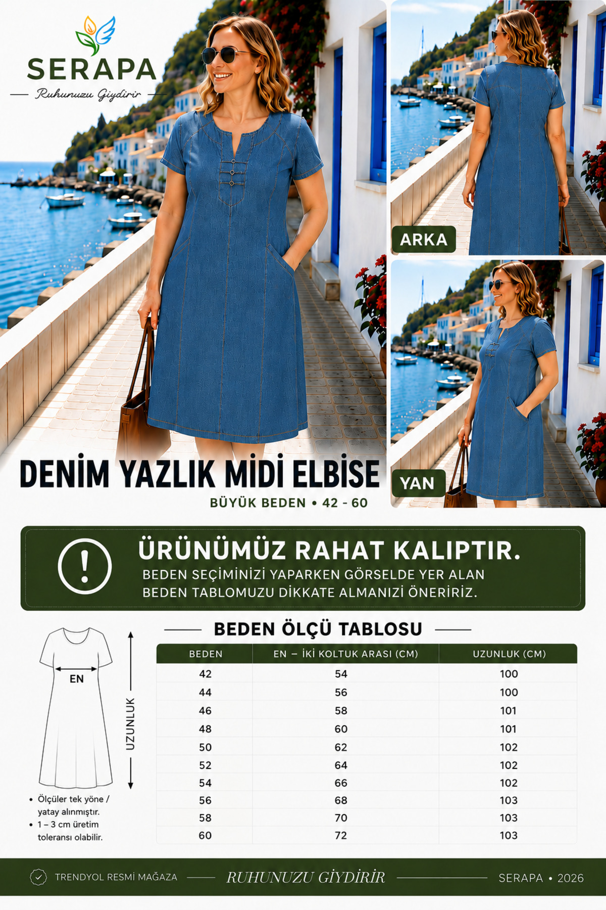 SERAPA Kadın Kot Elbise Kısa Kollu Cepli Günlük Denim Elbise Rahat Kesim Yazlık Elbise görsel 2