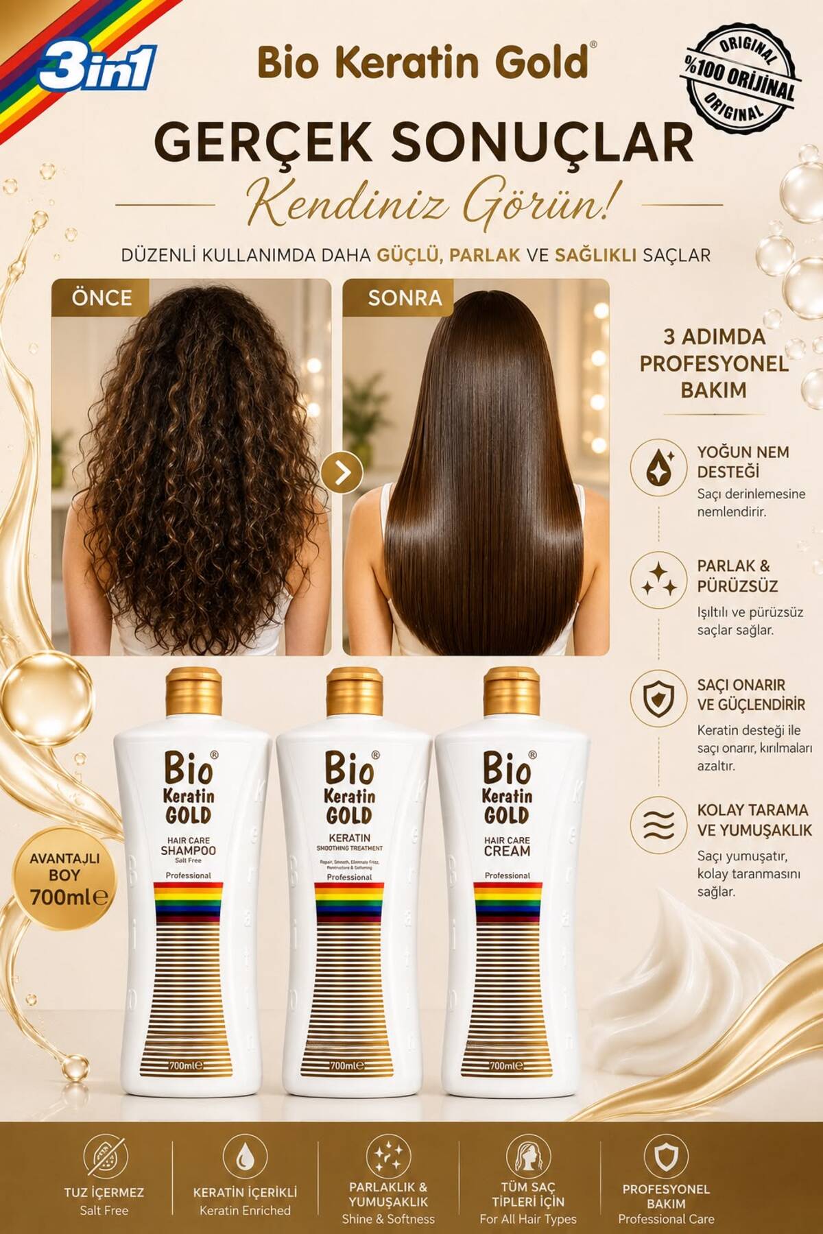 Bio Keratin Gold Kalıcı Brezilya Fönü 3'lü Set 700 Ml ( Keratin - Tuzsuz Şampuan - Saç Kremi ) — 247693