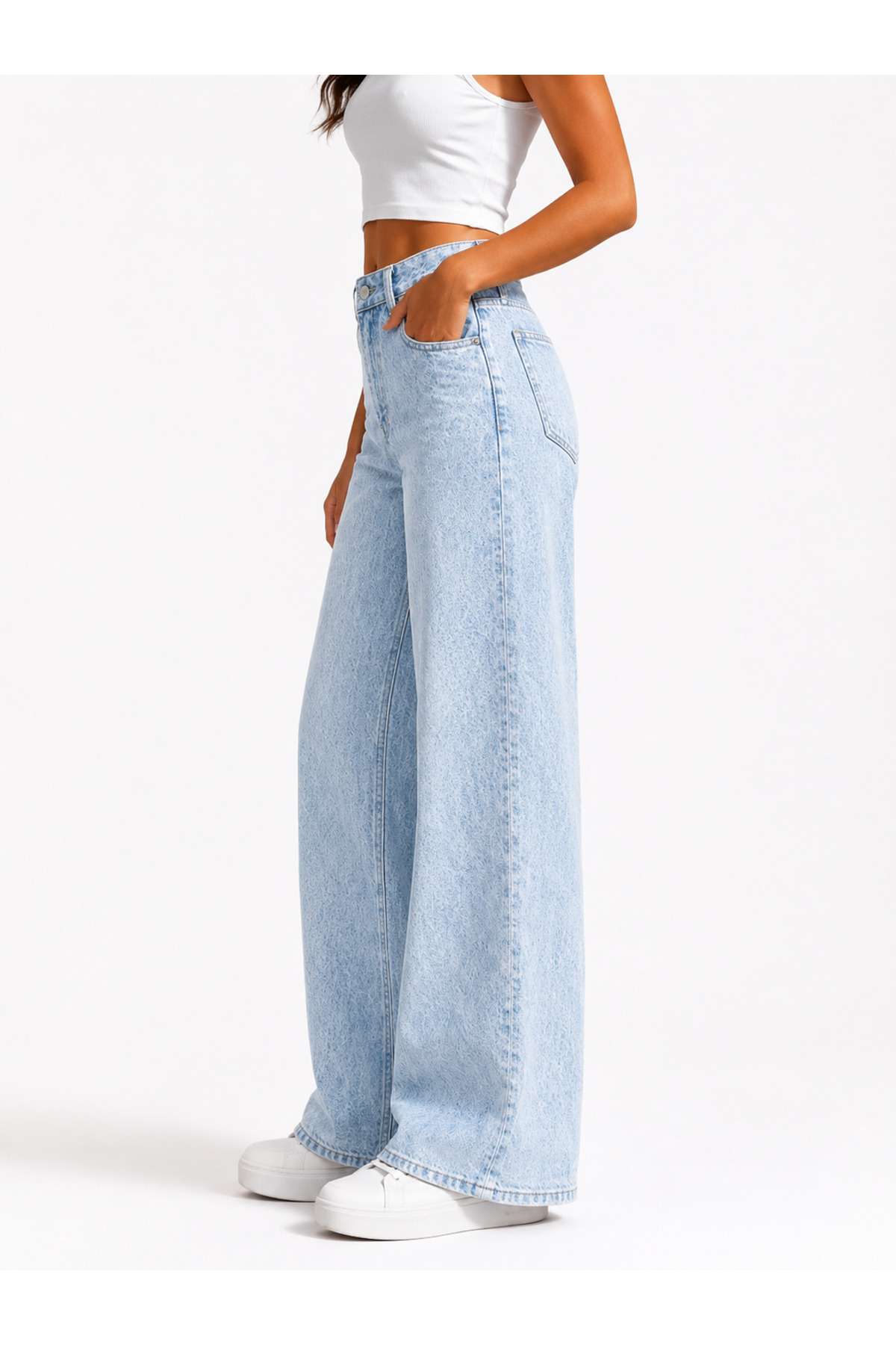 J&KSTORES Kadın Yüksek Bel Bol Paça Jean Kot Palazzo Pantolon görsel 4