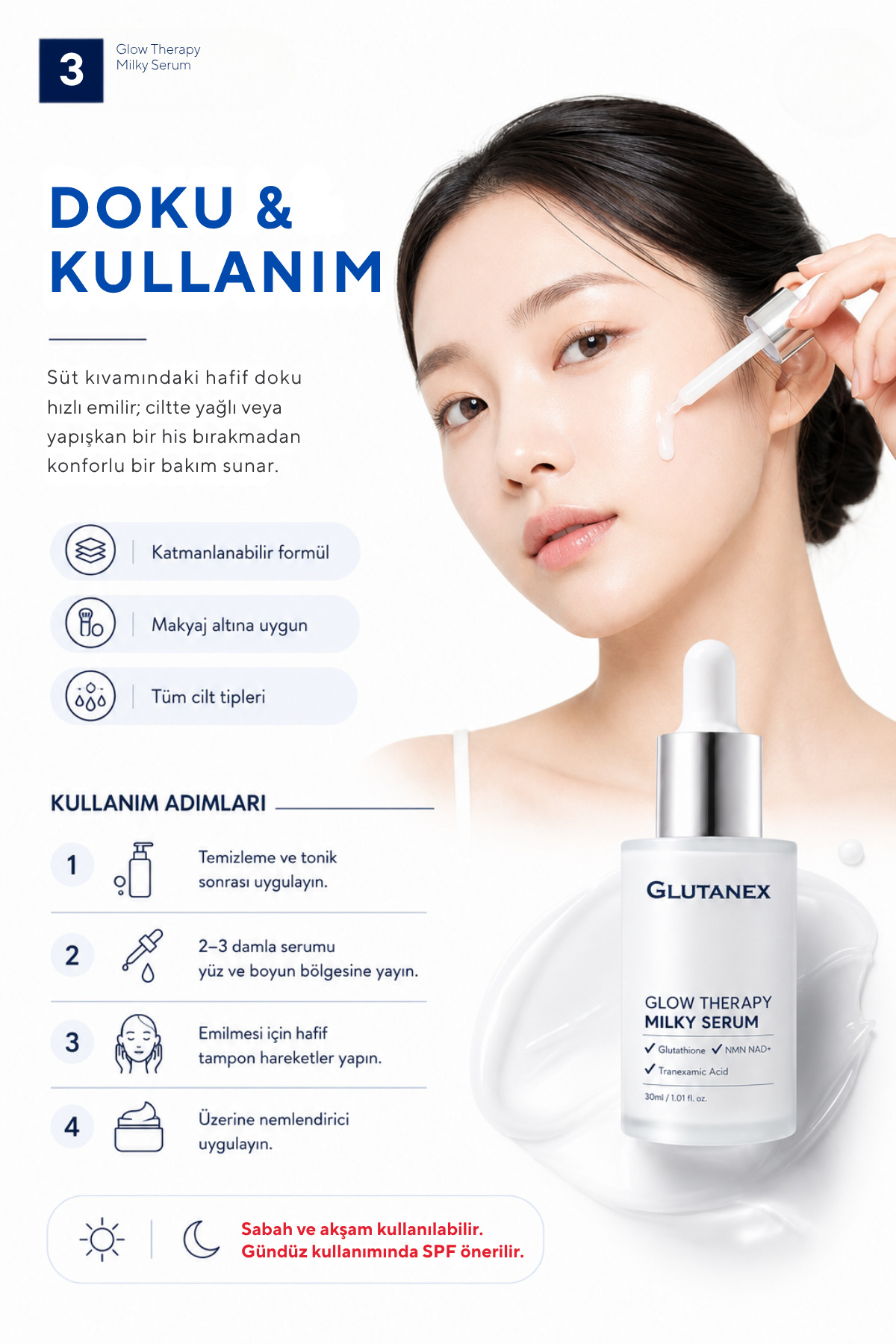 Leke Karşıtı Aydınlatıcı Serum | Traneksamik Asit, NMN, NAD+ & Glutatyonlu | Glow Therapy Milky Serum | 30 ml — Glutanex052 — تصویر 4 از 6
