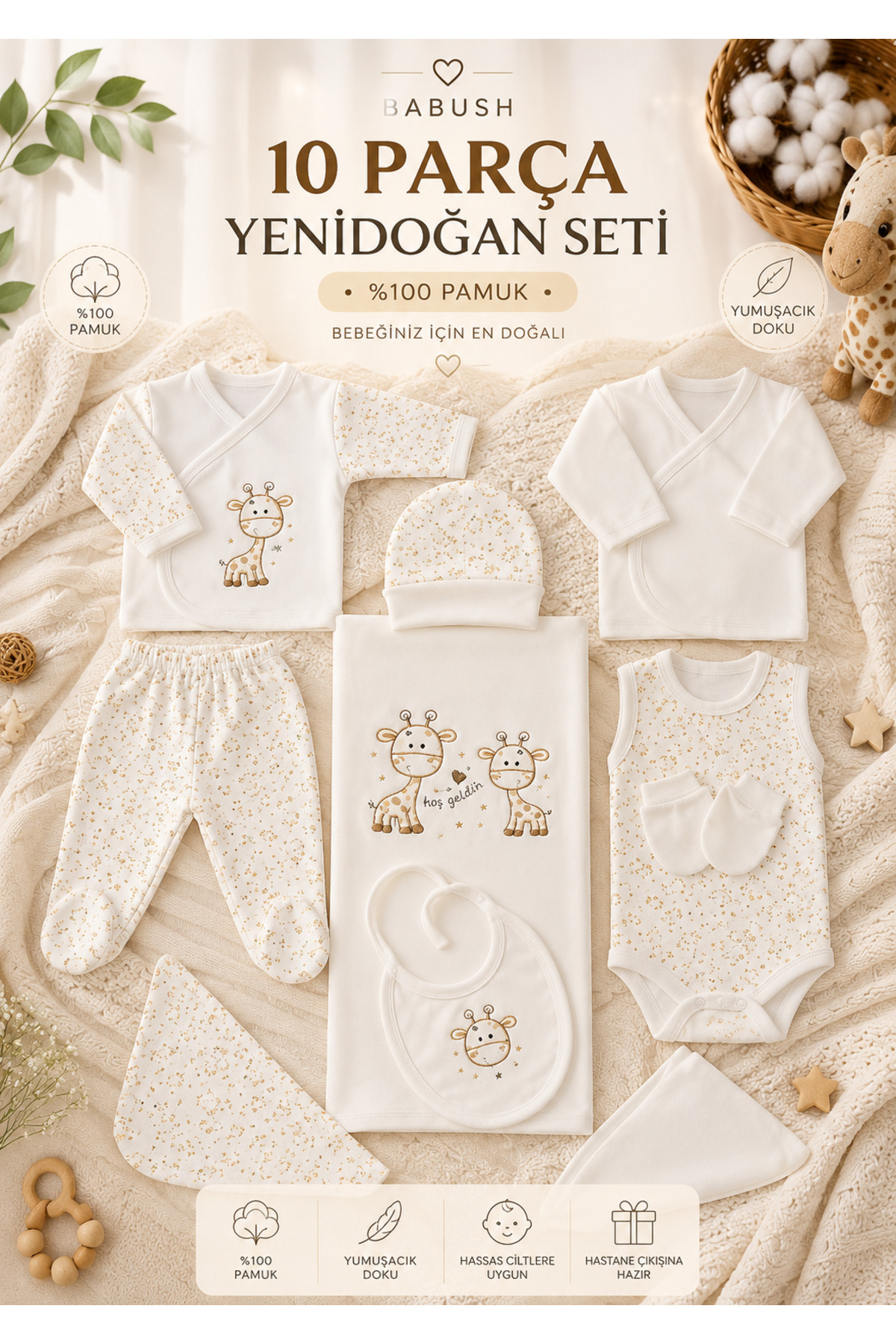 10-Piece Newborn Hospital Exit Set Ecru Giraffe Cotton Baby Set