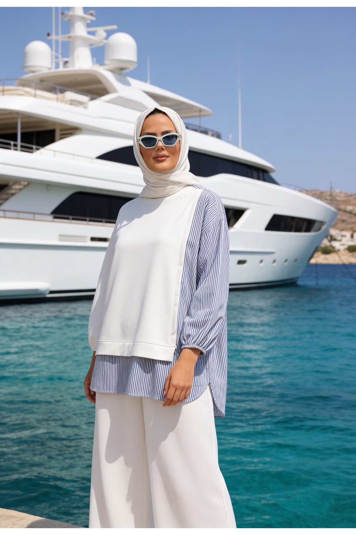 ASEL FASHİON Women's Hijab Suit Line Double Suit Shirt Ecru