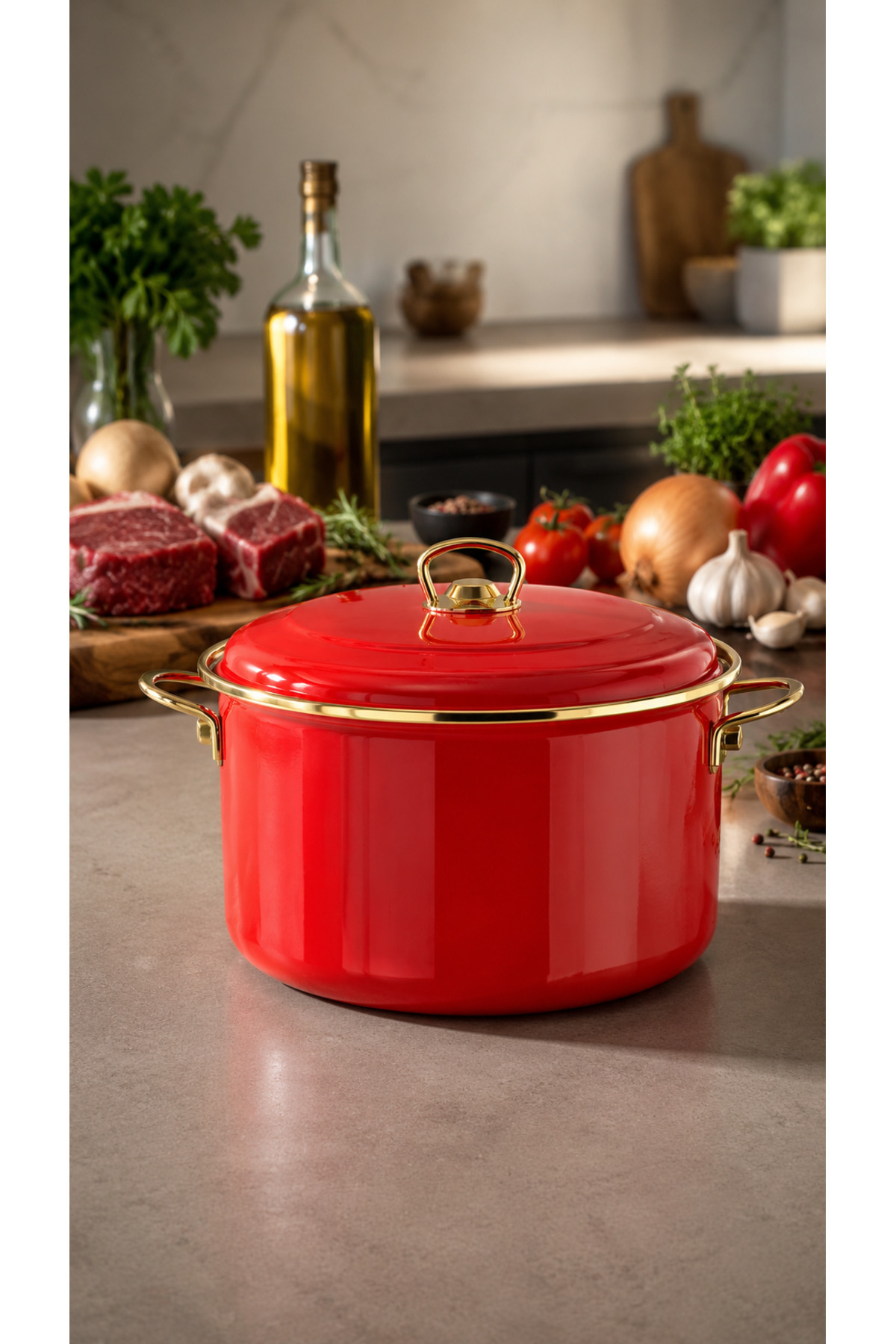 Enamel Deep Pot 18 cm Red - With Lid - Induction Based