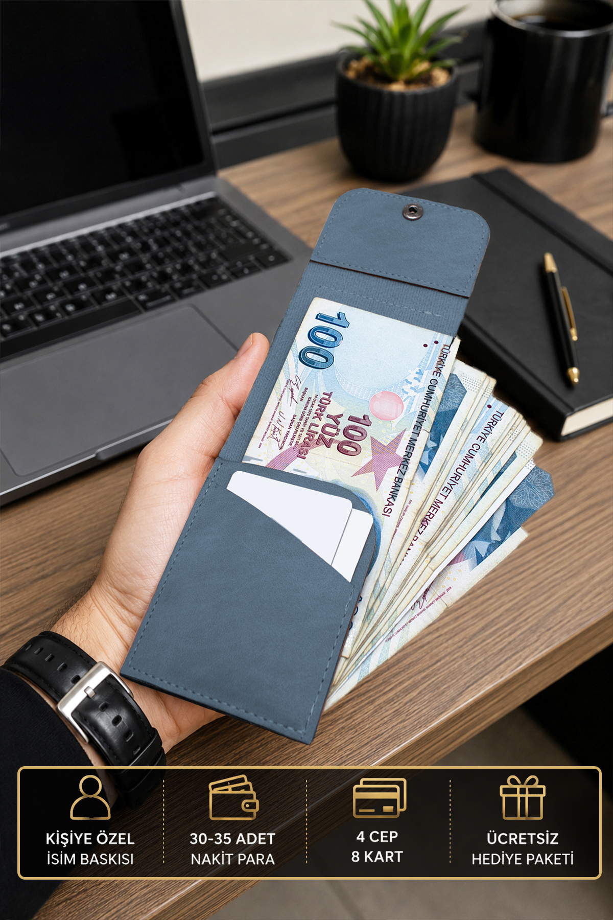 Morika Hotel & Home Textile Kişiselleştirilebilir Özel Tasarım Süet Suni Deri Erkek/Kadın Unisex Cüzdan - Lacivert görsel 2