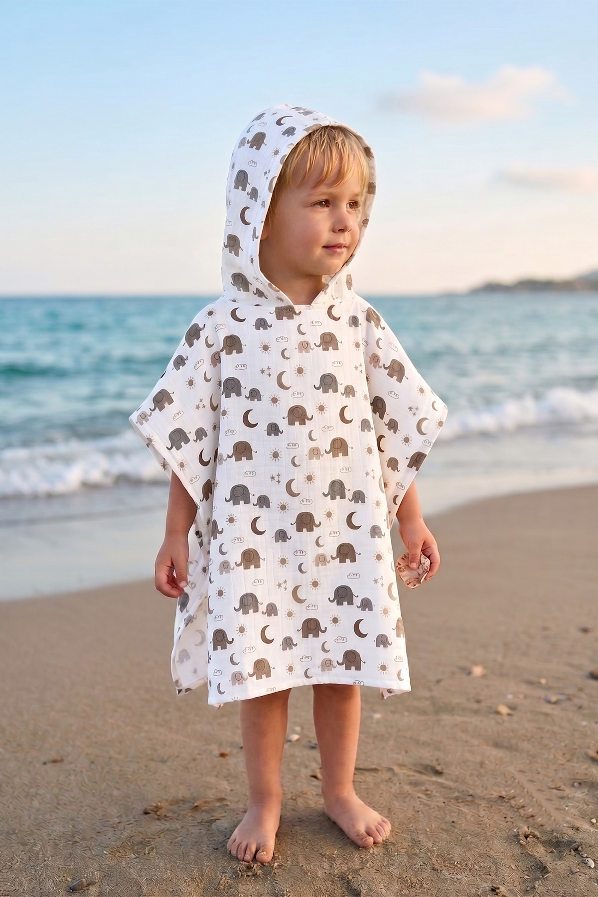 Organic 100% Cotton Muslin Patterned Children's Poncho - Hooded Sea, Pool and Bath Towel
