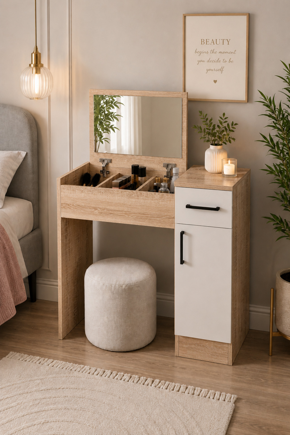 Pearl Atlantic Pine Makeup Table with White Mirror | Toilet Table with Drawer and Cabinet