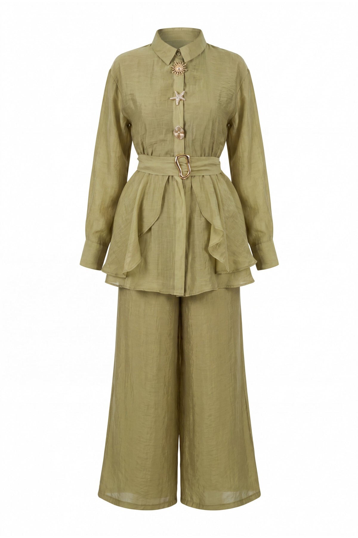 Modamorfo Lined Cupra Suit with Elastic Waistband, Belt, Pockets and Trousers - Oil Green