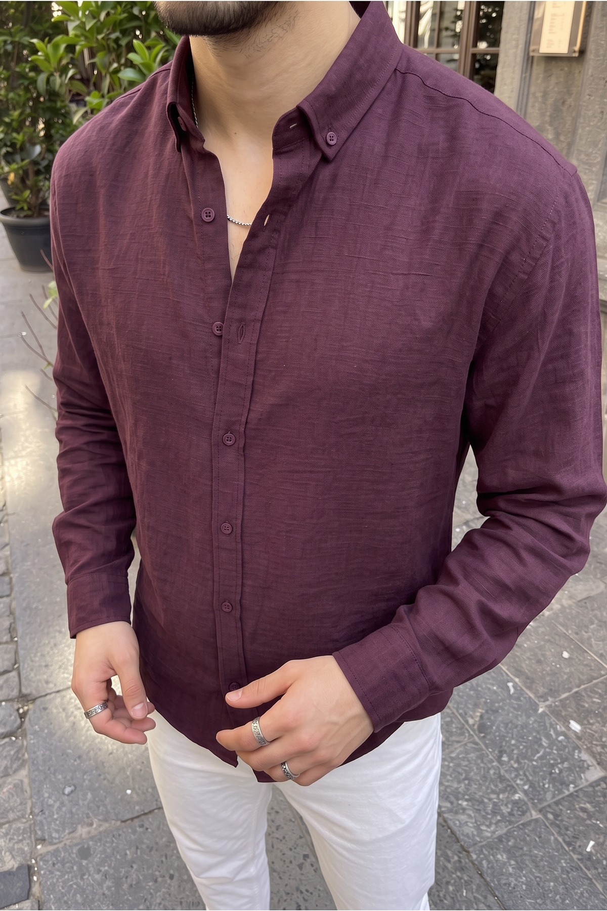 Napas Erkek Oversize Keten Görünümlü Mürdüm Gömlek — رنگارنگ 33003