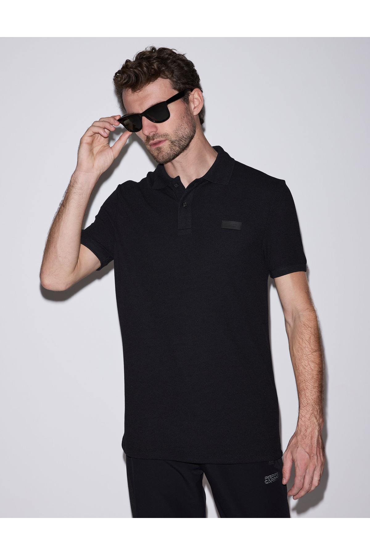 Pierre Cardin Black Slim Fit Knitted Textured Buttoned Polo Collar T-Shirt 50309959-Vr046