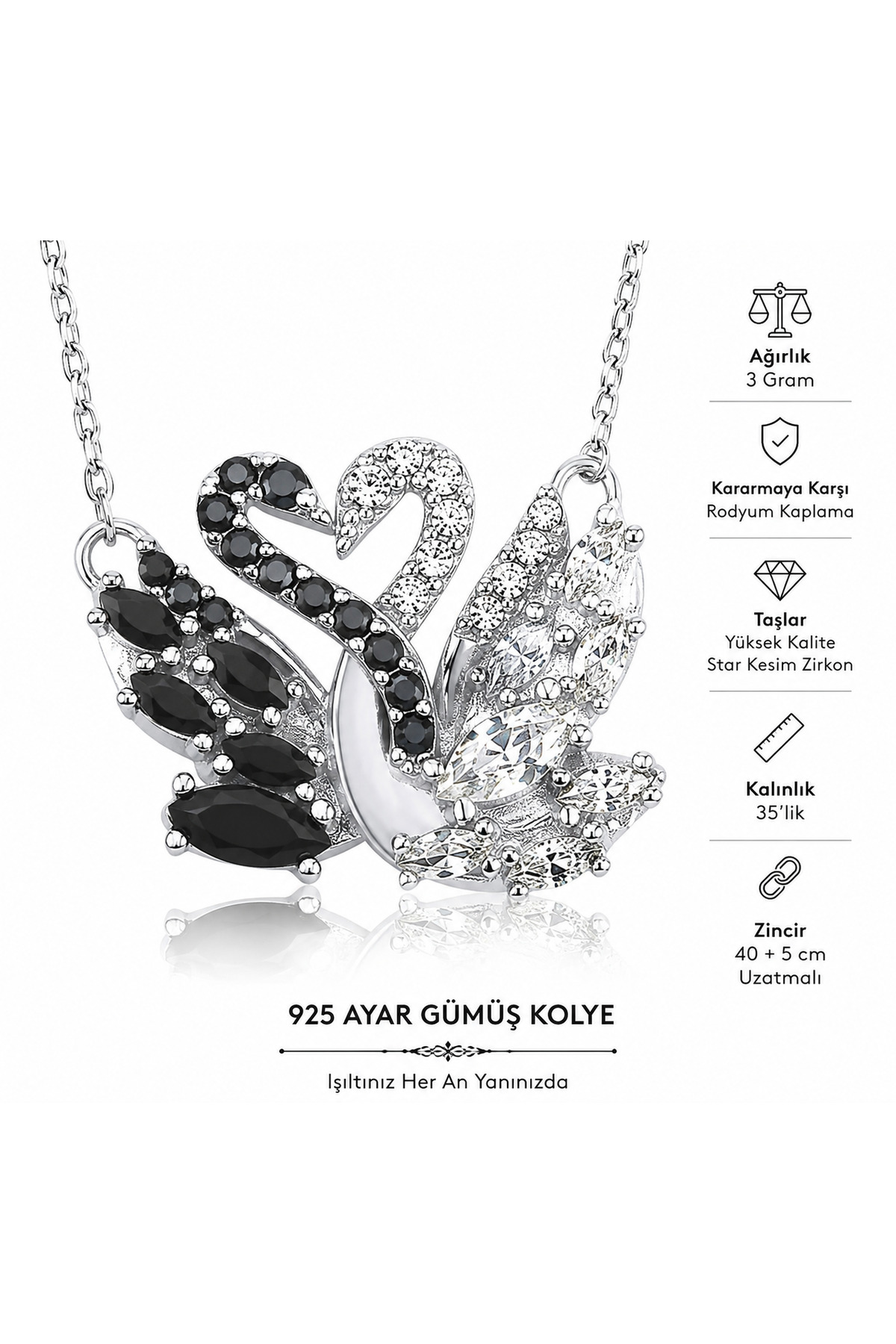 LA MİA FELİCİTA 925 Ayar Rodyumlu Siyah Beyaz Aşk Düğümü Kuğu Kolye görsel 3