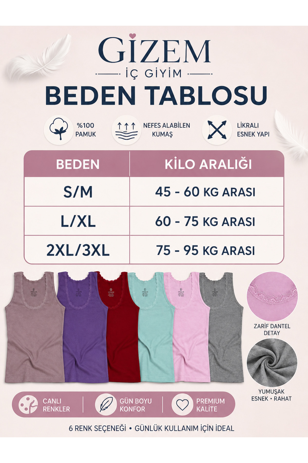 Gizem iç giyim 6'RENK GENİŞ ASKI ATLET %100 PAMUK SÜPER KALİTE PENYE YUMUŞACIK görsel 2