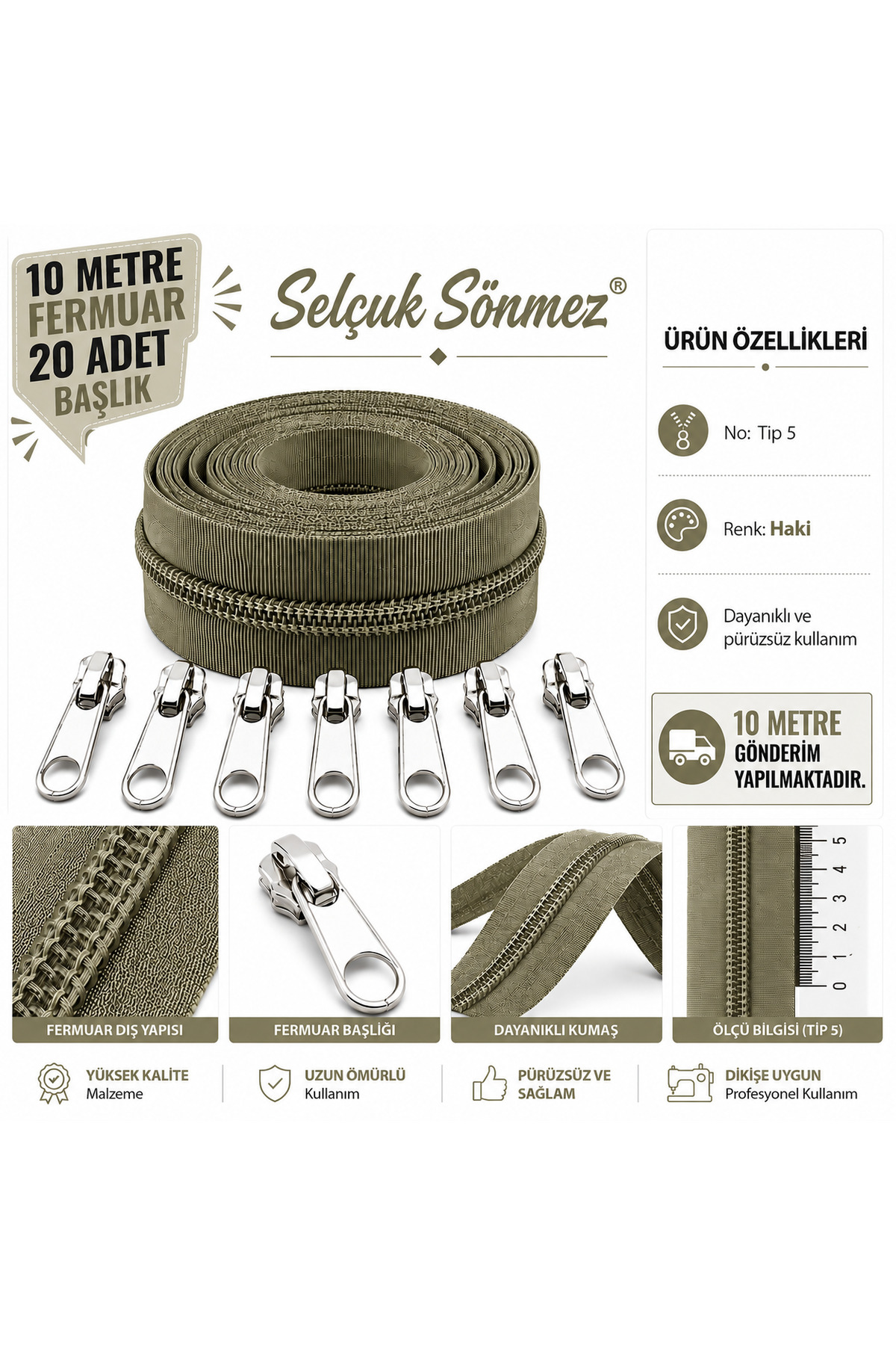 KHAKI COLOR 10 METERS ZIPPER 20 HEADGEAR