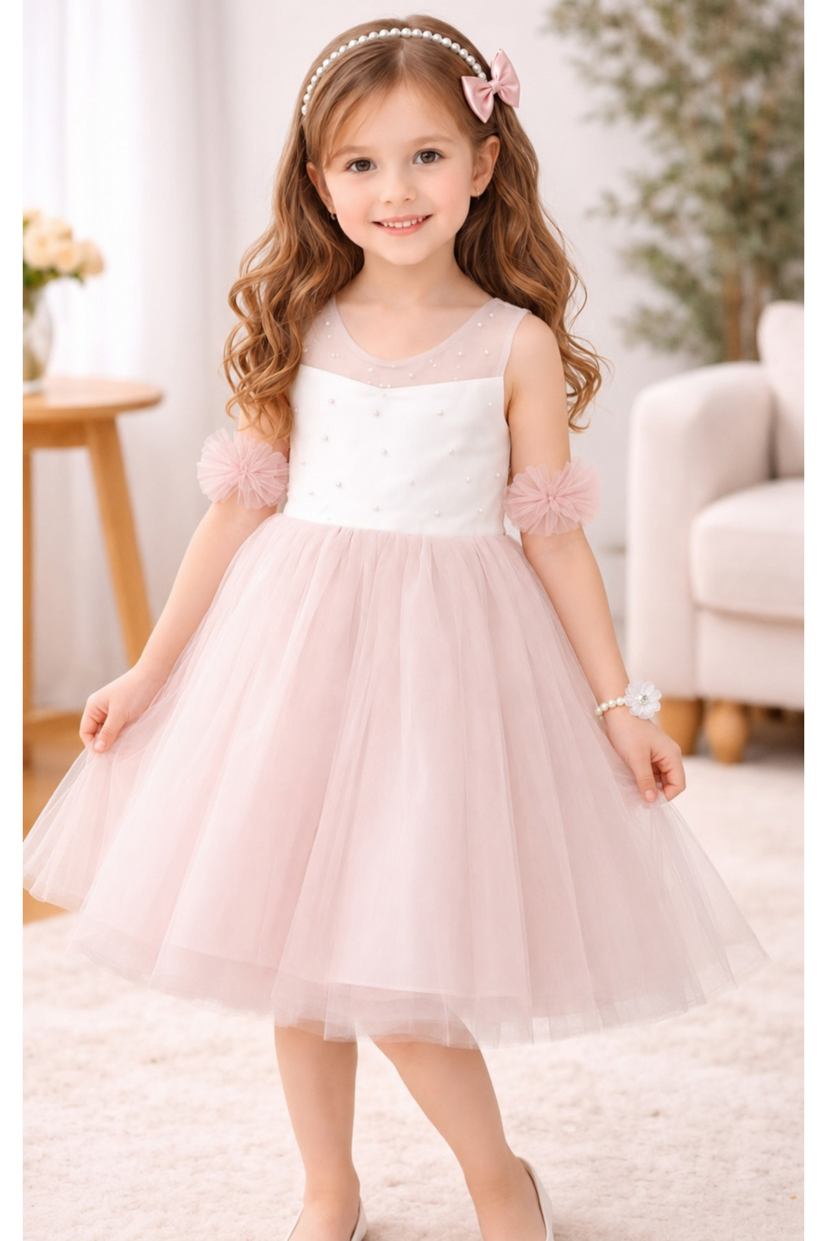 KADİR BABA Pink Pearl Detailed Tulle Girls Evening Dress Set Including Accessories 2-6 Years Old