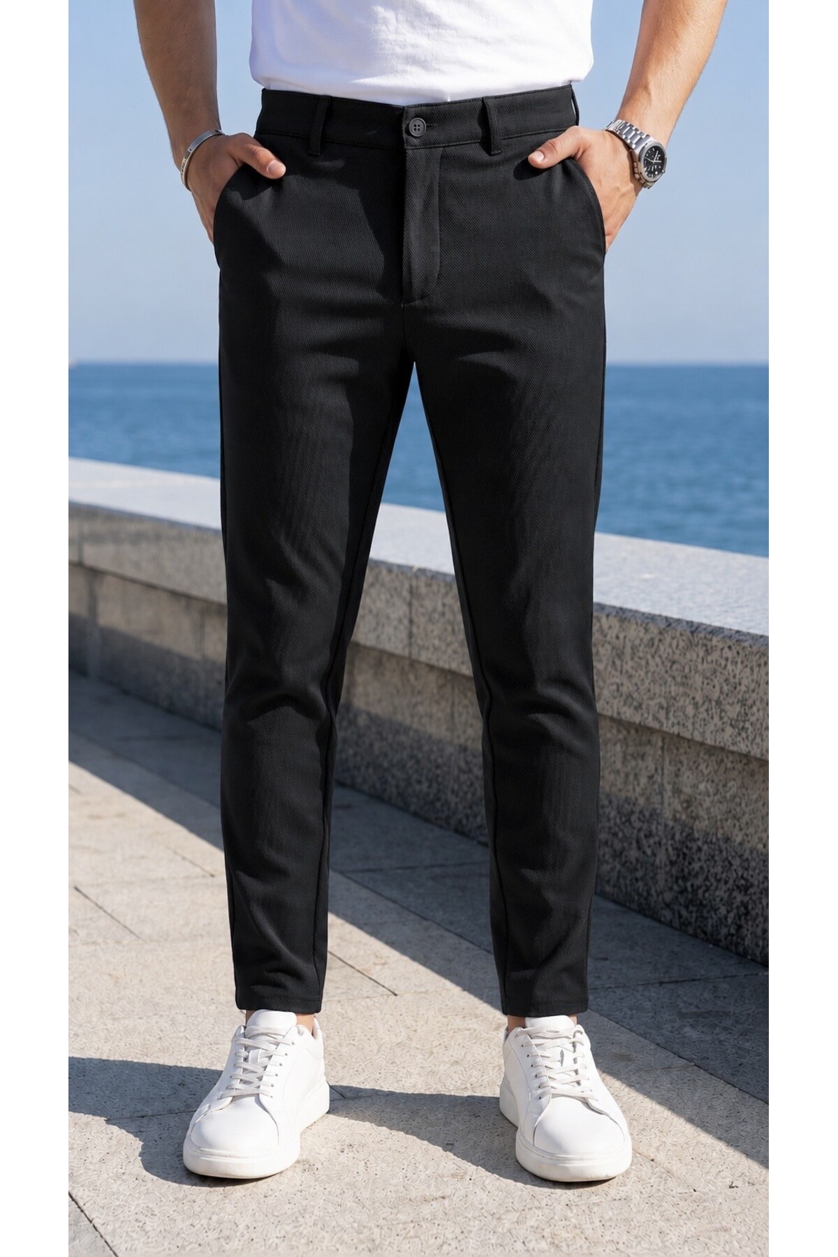 Gussi Erkek Siyah Renk Kaliteli Esnek Likralı Slim Fit Keten Pantolon