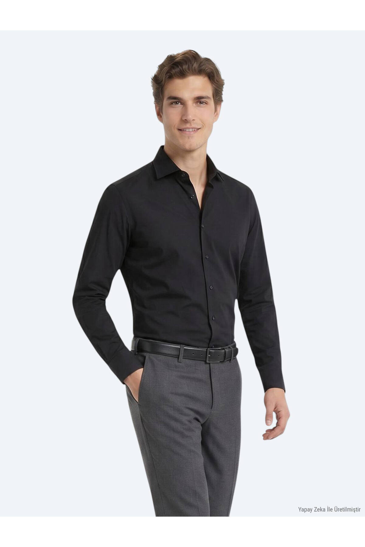 Kip Siyah Regular Fit Uzun Dokuma Casual Pamuk Karışımlı Gömlek görsel 4
