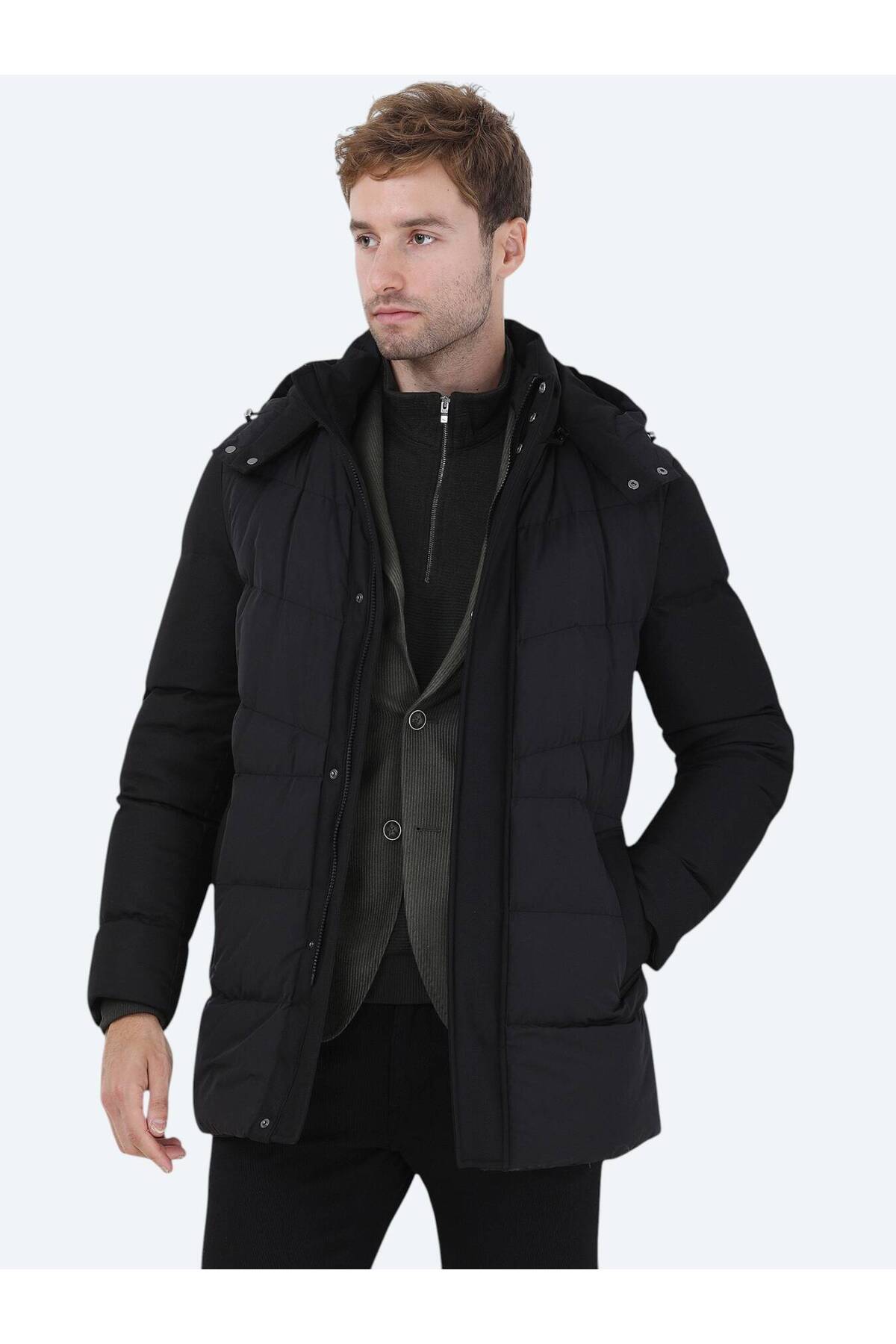 Kip Siyah Regular Fit Kapüşonlu Casual Dokuma Kaban görsel 3