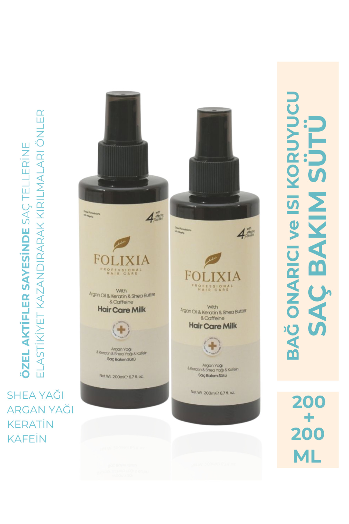 Folixia شیر موی ترمیم کننده حاوی آرگان کراتین و کره شی باتر، اسپری مراقبت از مو در برابر حرارت، 200 میلی لیتر (2 عدد) - 8 عدد