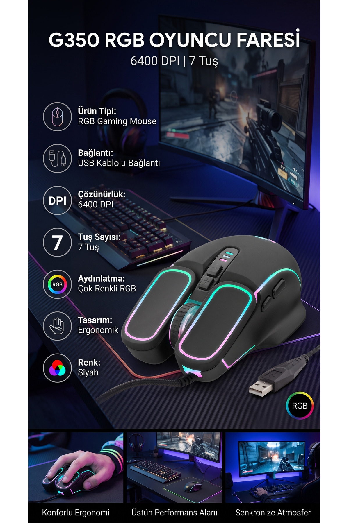 RGB Gaming Mouse 6400 DPI 7 Tuşlu Ergonomik Kablolu Oyuncu Faresi