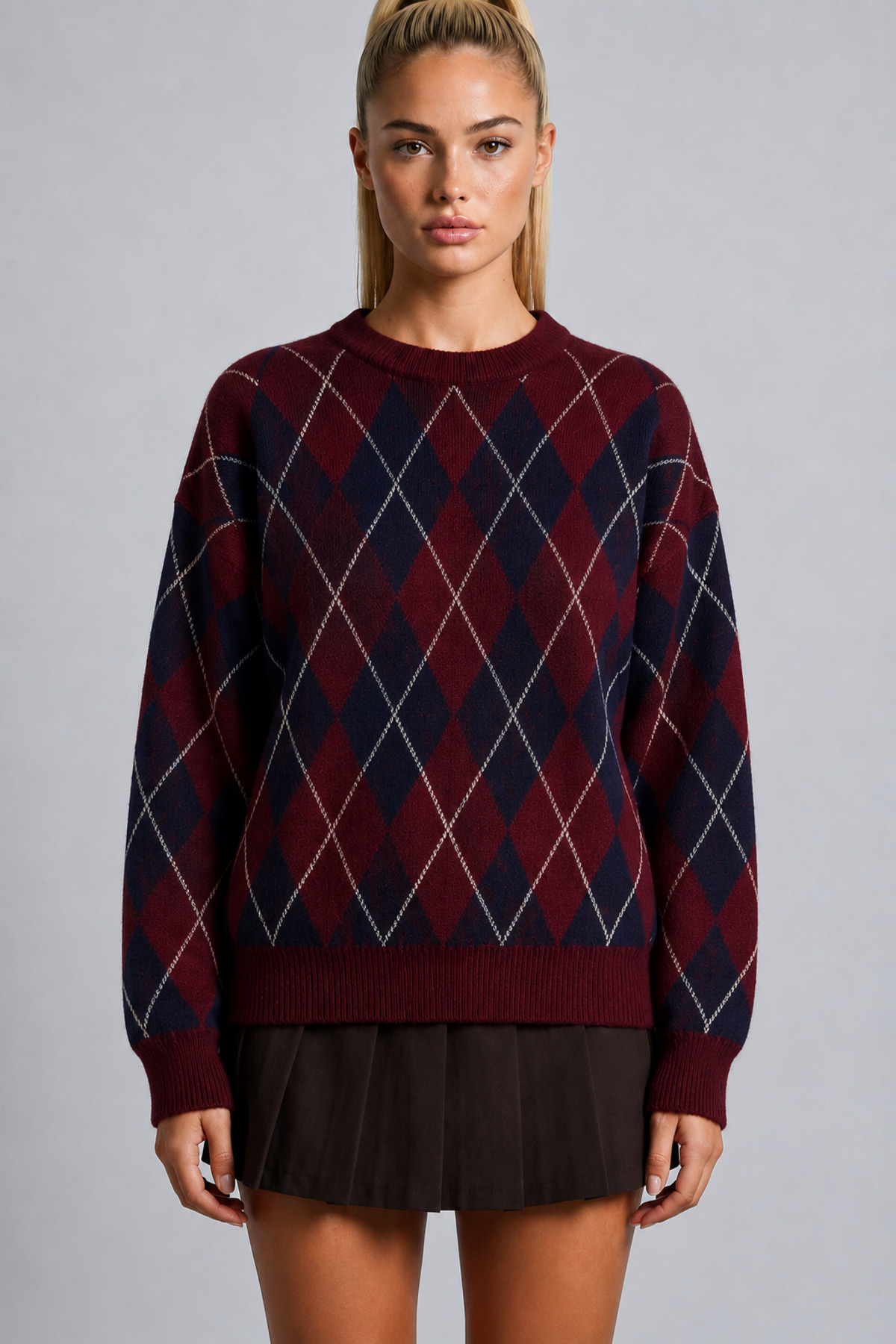 MODASPARK Bordo Lacivert Baklava Desen Bisiklet Yaka Oversize Kadın Triko Kazak
