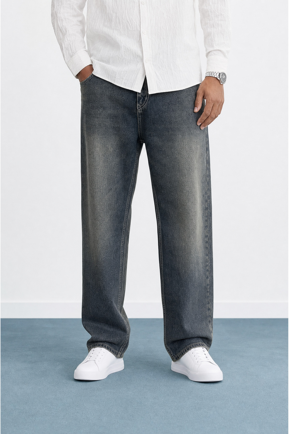Respire Men's Washed Baggy Pants Tint Blue