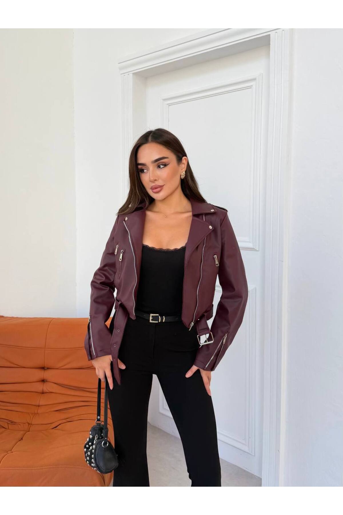 İLKCET MODA Kol Fermuar Detaylı Bordo Slim Fit Kadın Ceket görsel 7