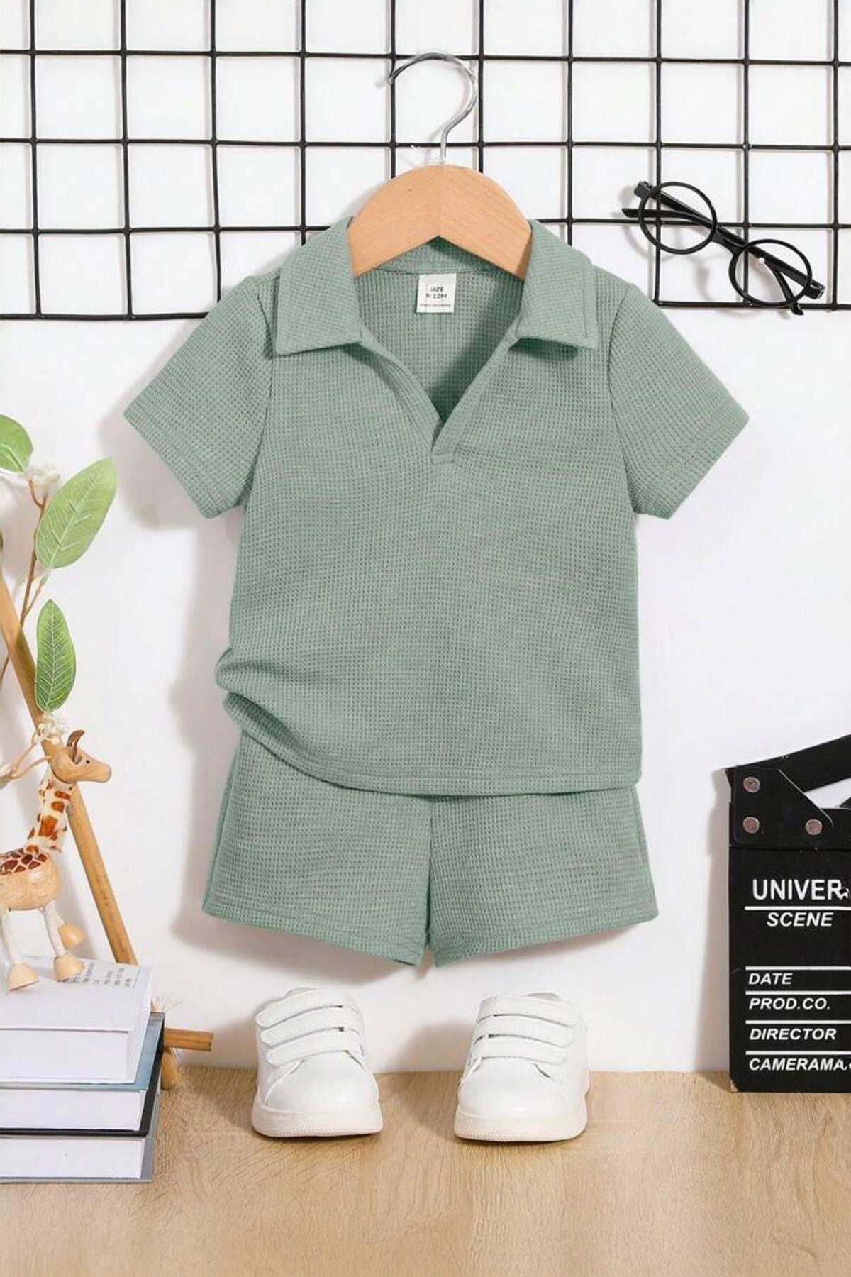 Bubito Waffle Visual V-Neck Cotton Summer Baby Kids Shorts Set-Green