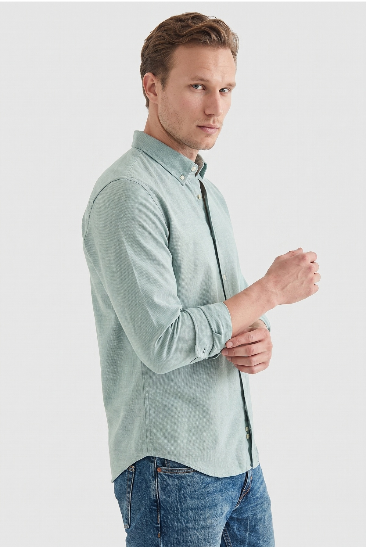 D'S Damat Ds Damat Slim Fit Yeşil Armürlü Düğmeli Yaka Pamuklu Gömlek görsel 6