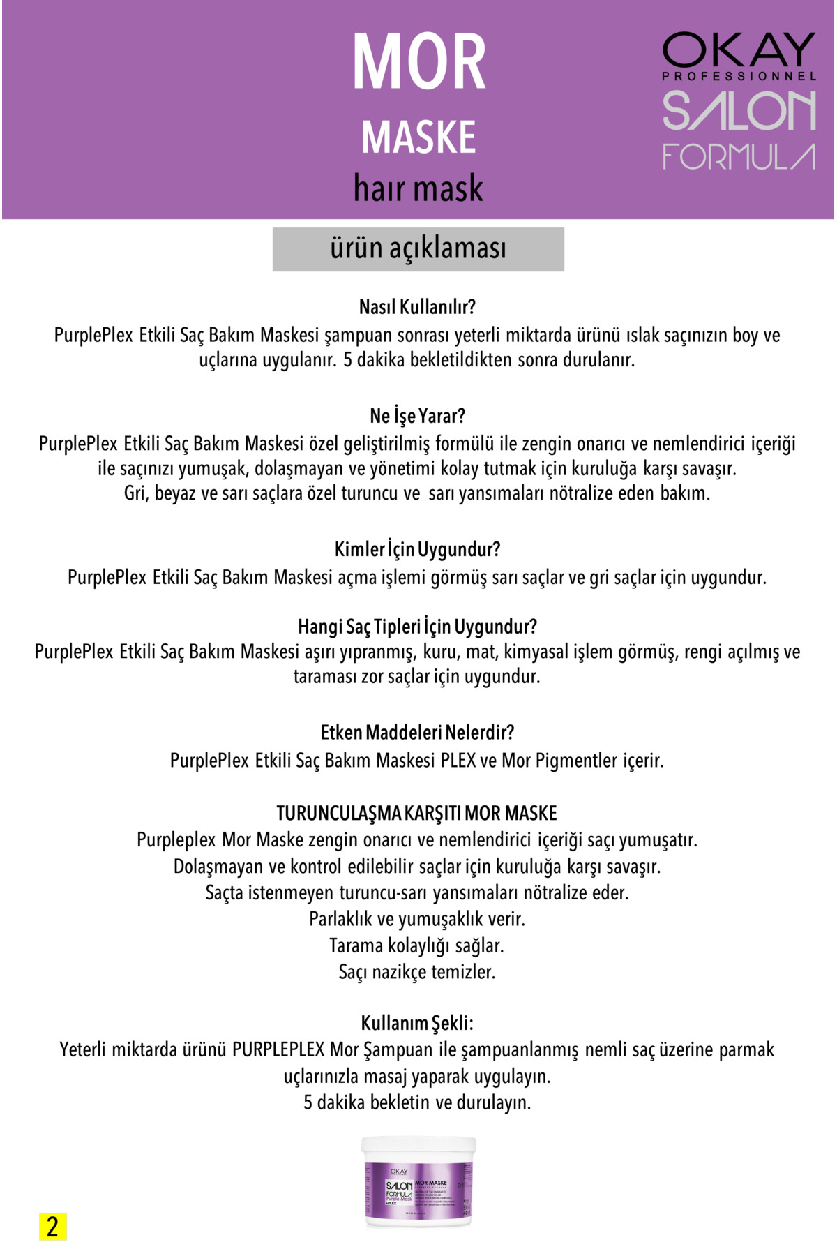 Salon Formula Turuncu - Sarı Yansımaları Nötralize İçin PURPLE (MOR) Saç Maskesi 500ml — SLNPURPLEXMASK — تصویر 3 از 4