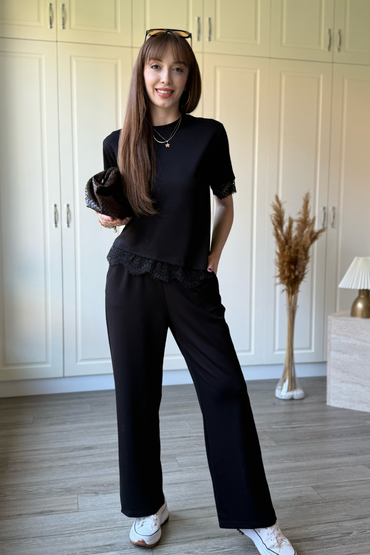 Asymmetric Black T-Shirt Set with Lace Detail