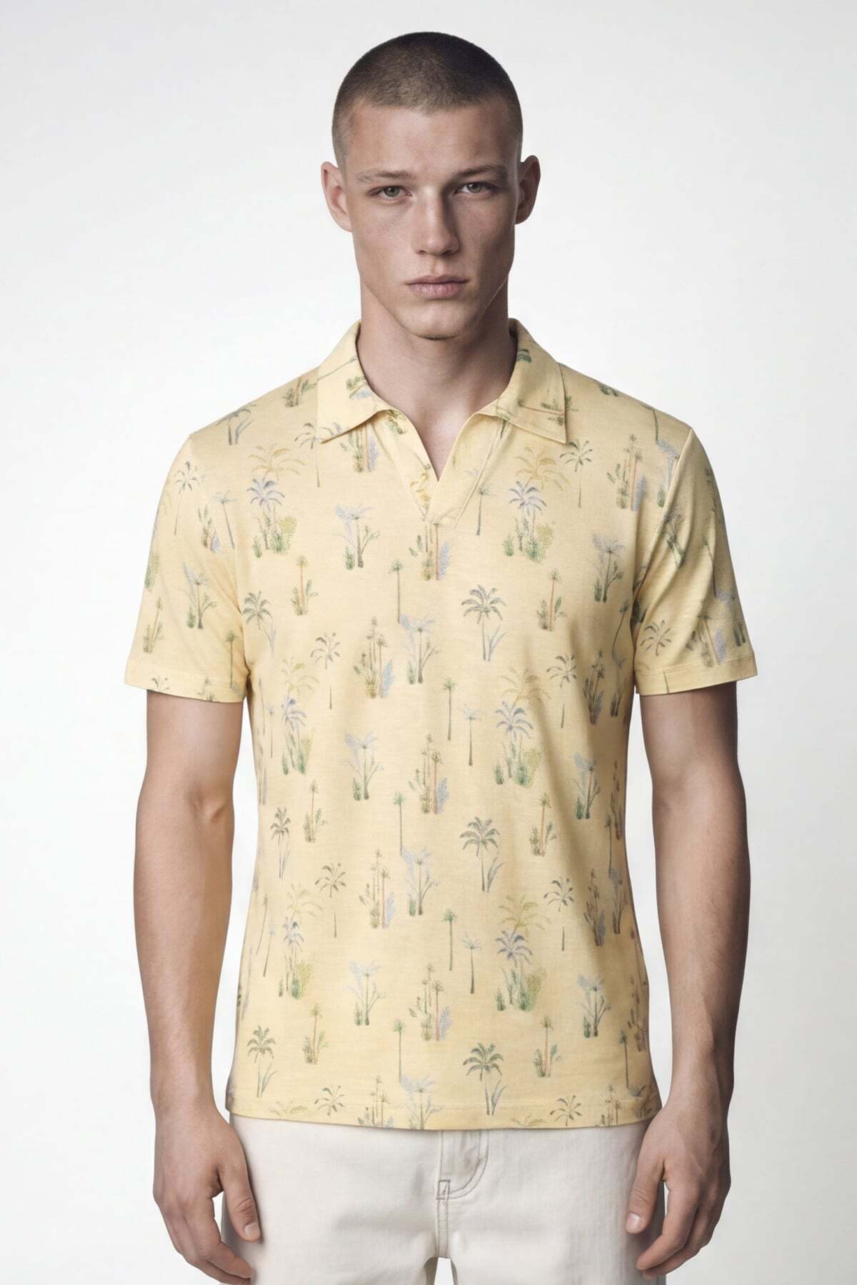 Giotelli Men's Yellow Slim Fit Woven Pattern Short Sleeve Polo Neck T-Shirt