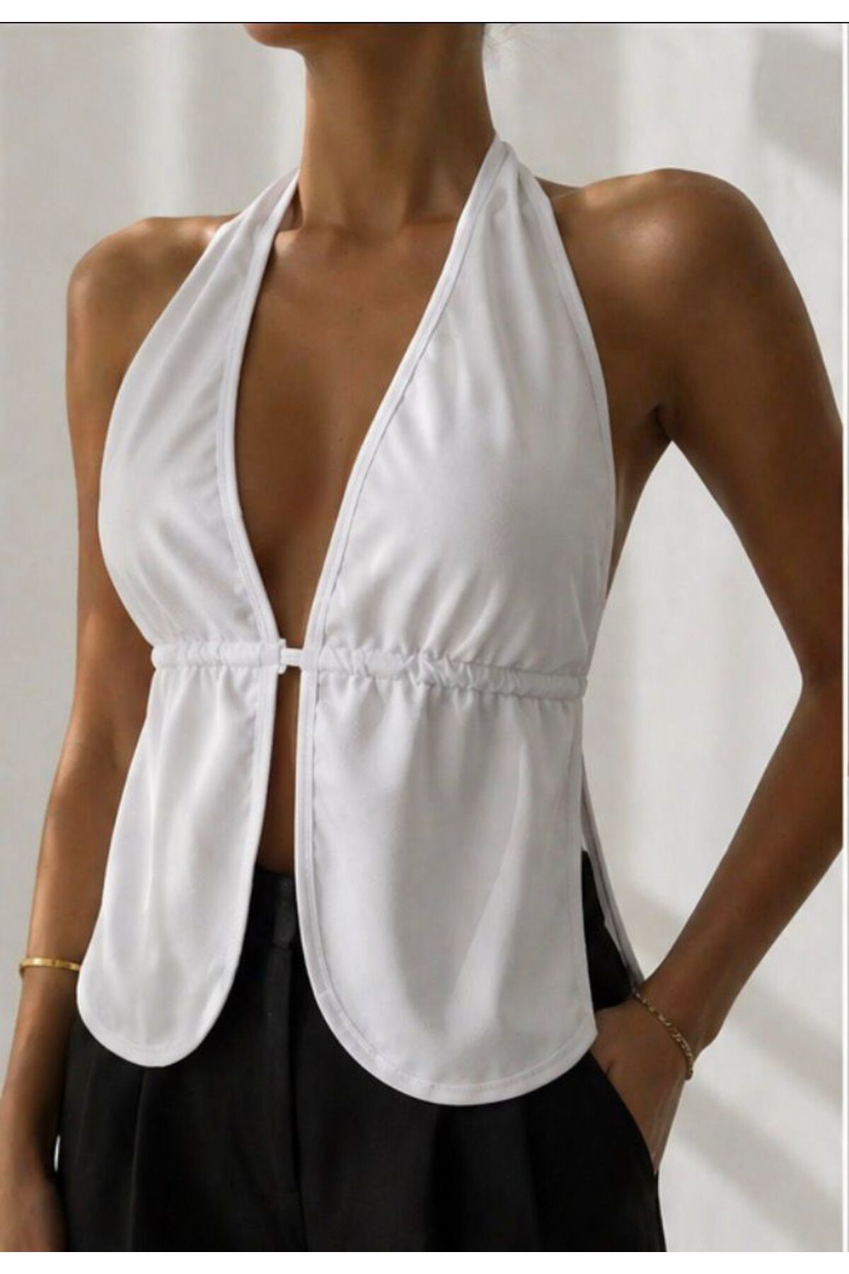 OTD STORE Beyaz Sırtı Açık Bağlamalı Crop Bluz, Dekolteli Kadın Üst görsel 3