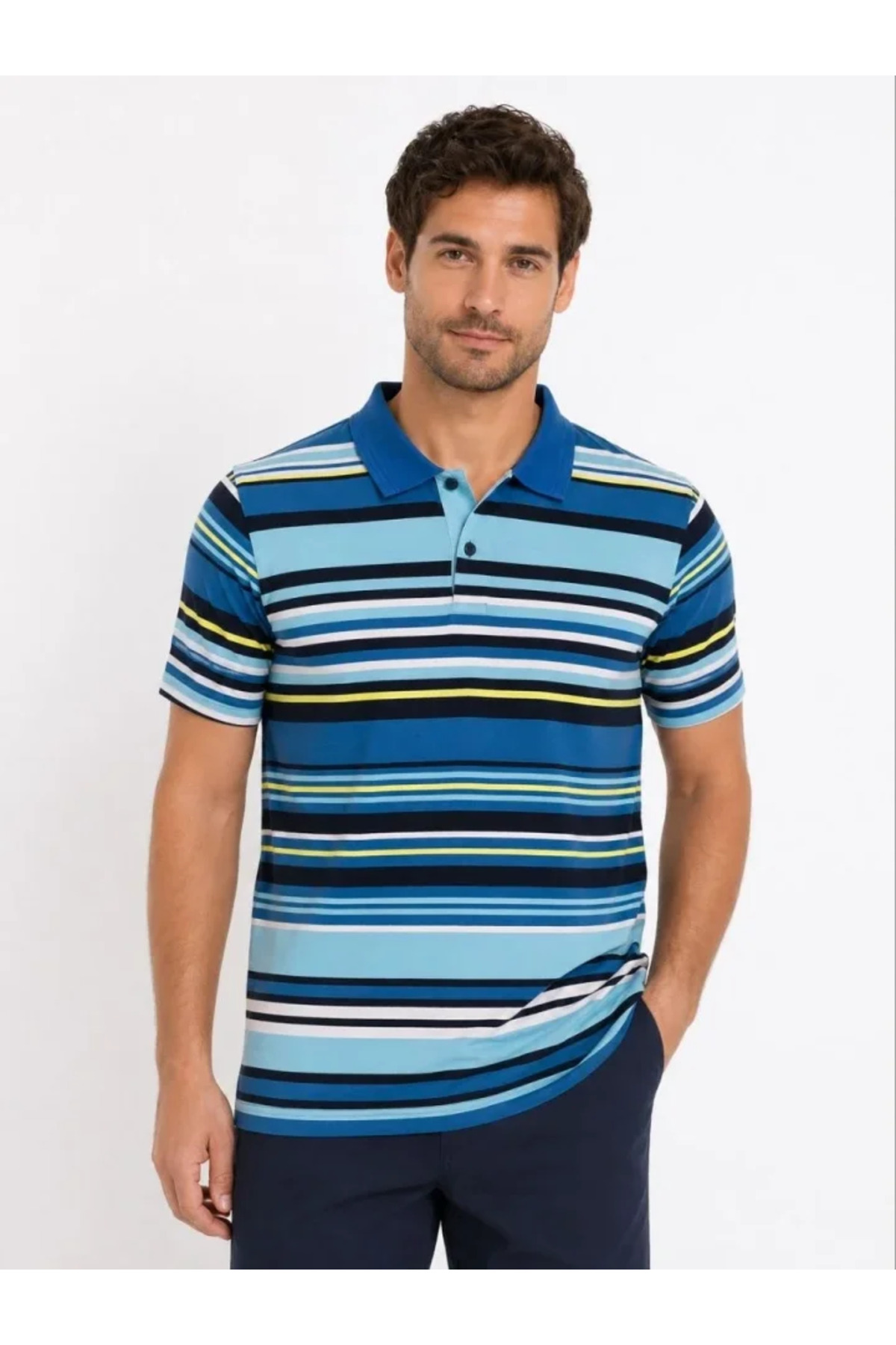 Erkek Çizgili Polo Yaka Tişört Kısa Kol Yazlık T-Shirt Regular Fit - Mavi