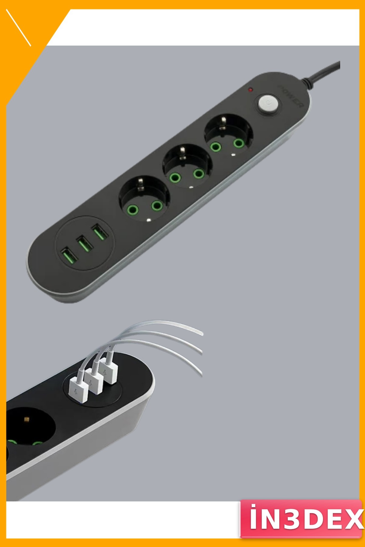 3 USB Çıkışlı Hızlı Şarj Anahtarlı Üçlü Priz 2m Kablo