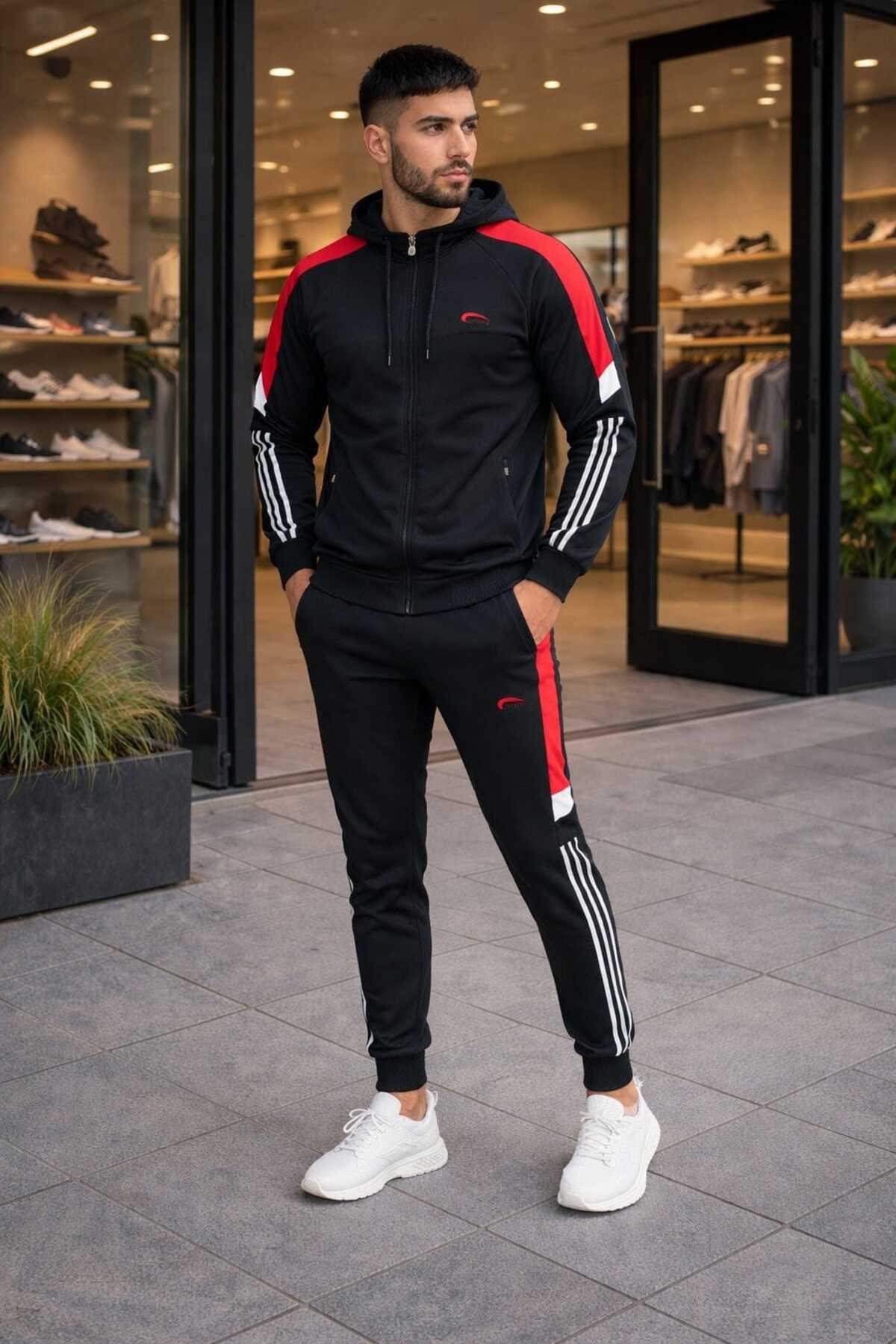 wera Erkek, Siyah-Kırmızı, Dalgıç Kumaş,Şerit Detaylı, Kapüşonlu Slim Fit Eşofman Takımı