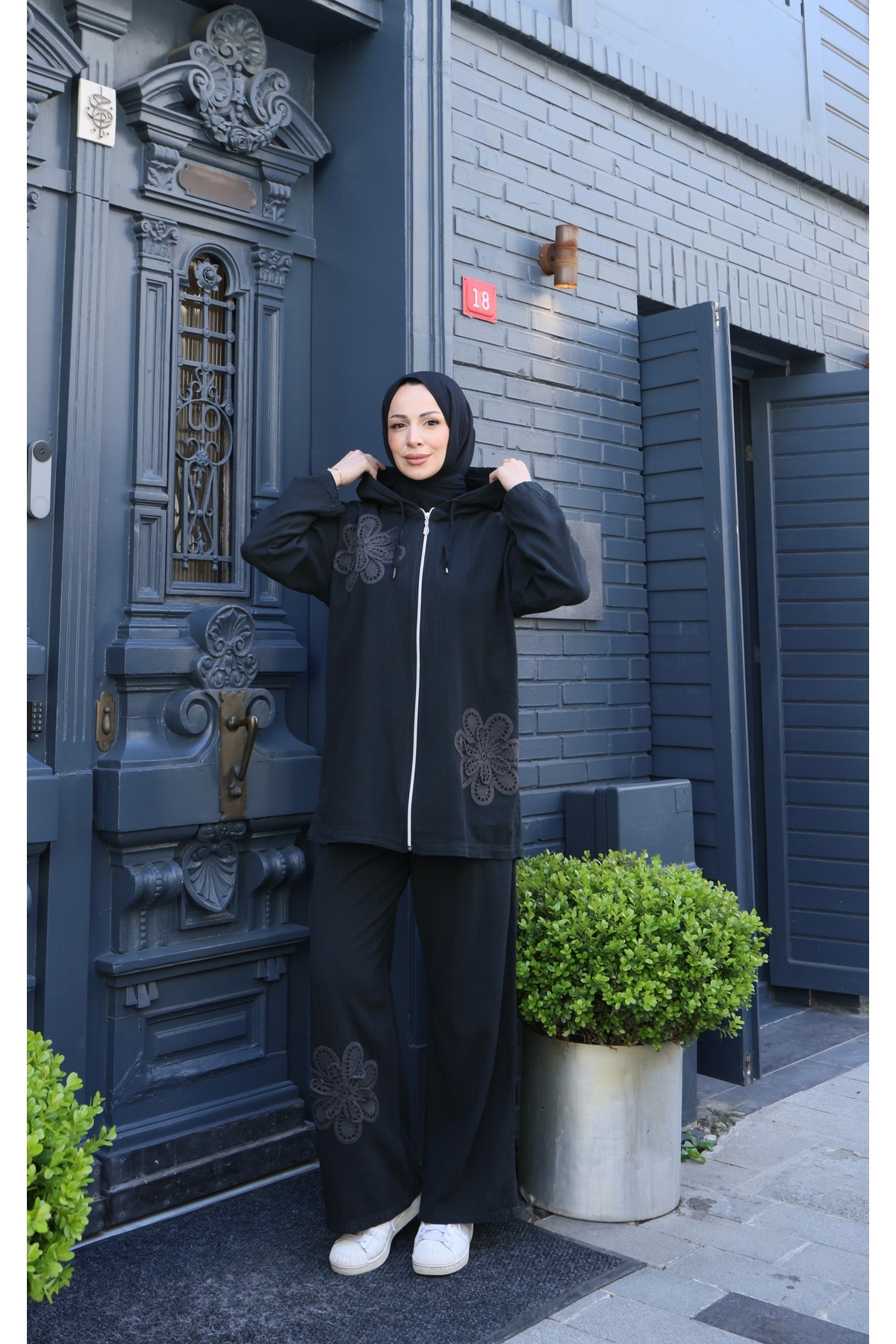 NİSUM MODA Çiçekli Fermuarlı Pamuk Keten Takım görsel 2