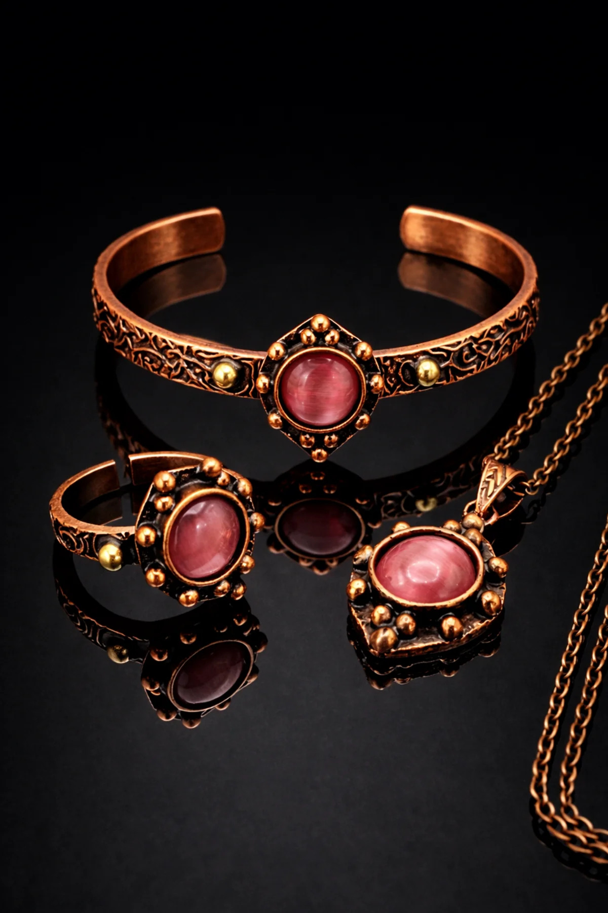 Women's Copper Necklace Ring Bracelet Set - Cat Eye Pink Natural Stone Bracelet Necklace Ring Copper Set