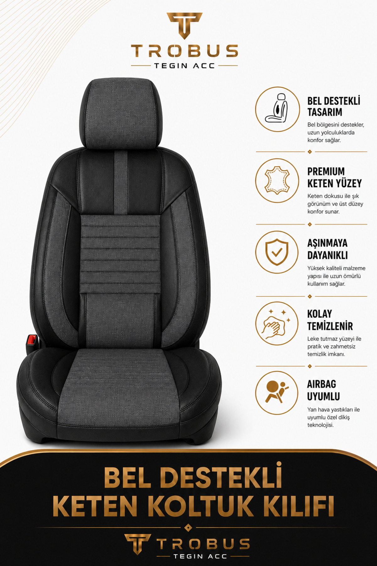 Suzuki Vitara 2015+ Uyumlu Apex Linen Bel Destekli Keten Füme Siyah Koltuk Kılıfı — alternatif görsel