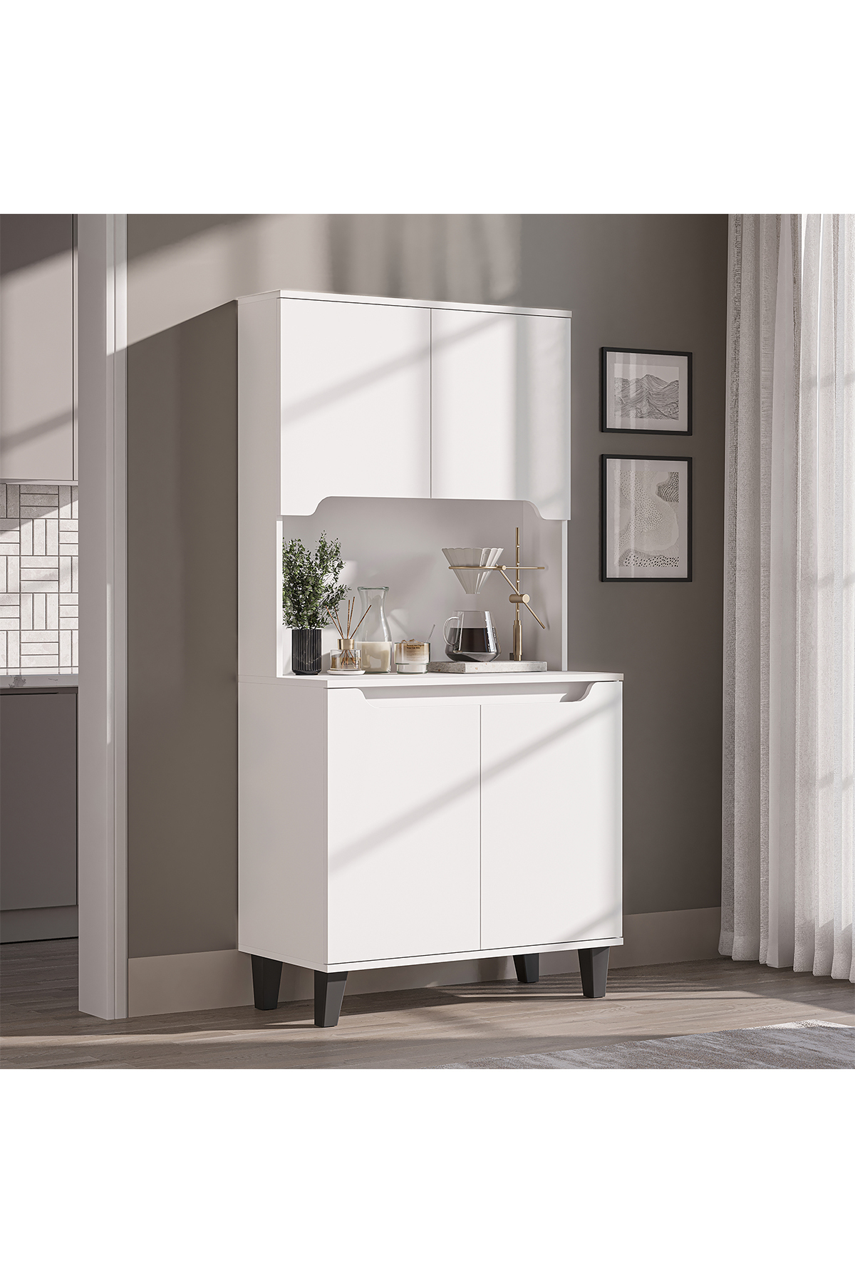 Laurel Coffee Corner, Multipurpose Cabinet, 4-Door Pantry Cabinet, Kitchen Cabinet 90 cm