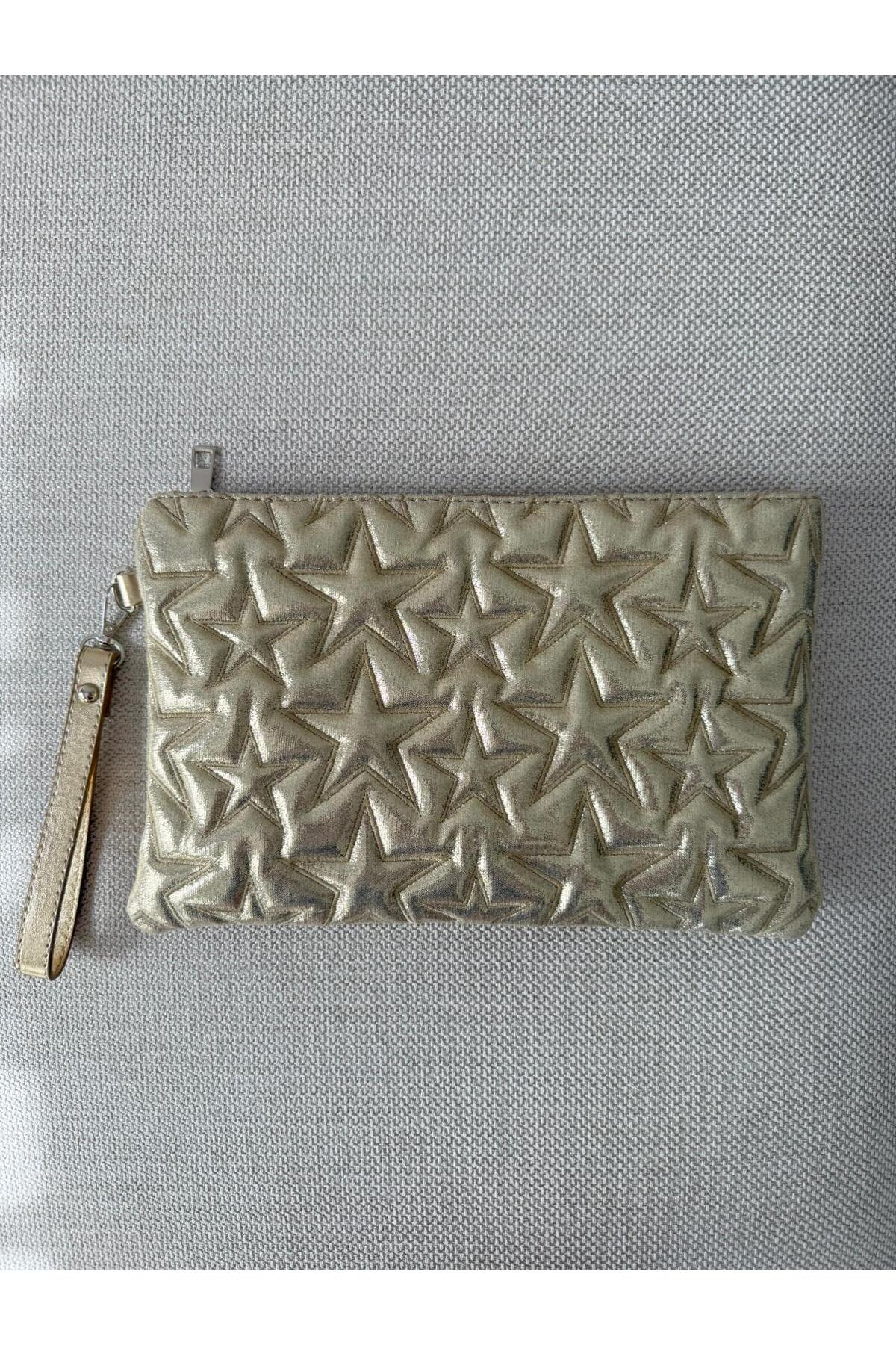 melecco Yıldız Dikişli Clutch Star Kadın Çanta Simli Gold Yıldız Desenli Gold Parlak Portföy & Clutch Çanta Çıkarılabilir Bileklik Askılı