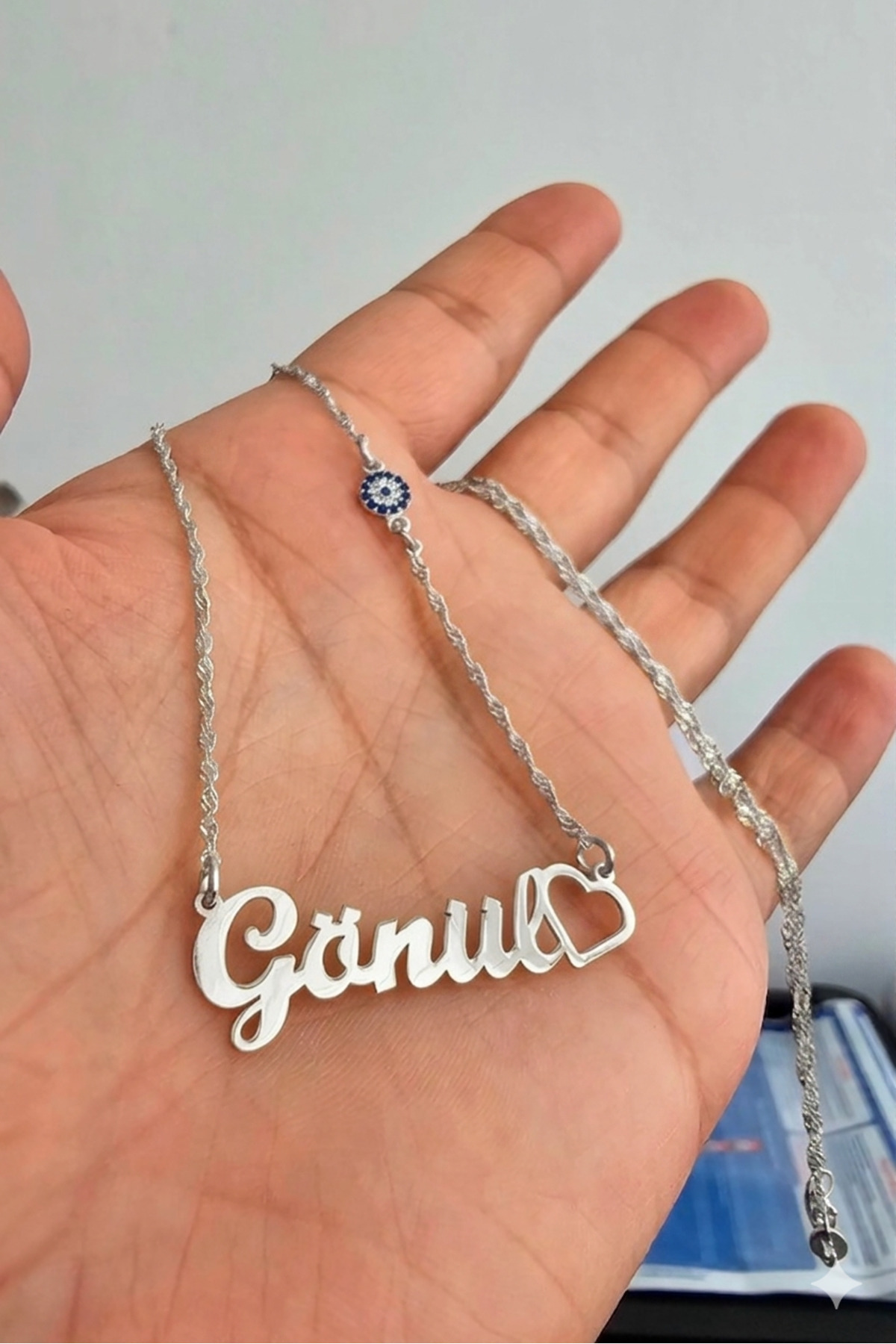 925 Ayar Gümüş Nazar Boncuklu, Kalpli İsimli Kolye - Gümüş / 40 cm