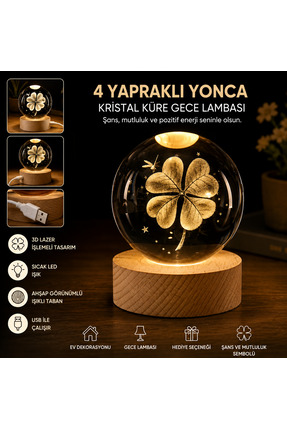 Tasarım 4 Yapraklı Yonca Tasarımlı Kristal Küre Gece Lambası – Ahşap Tabanlı ...