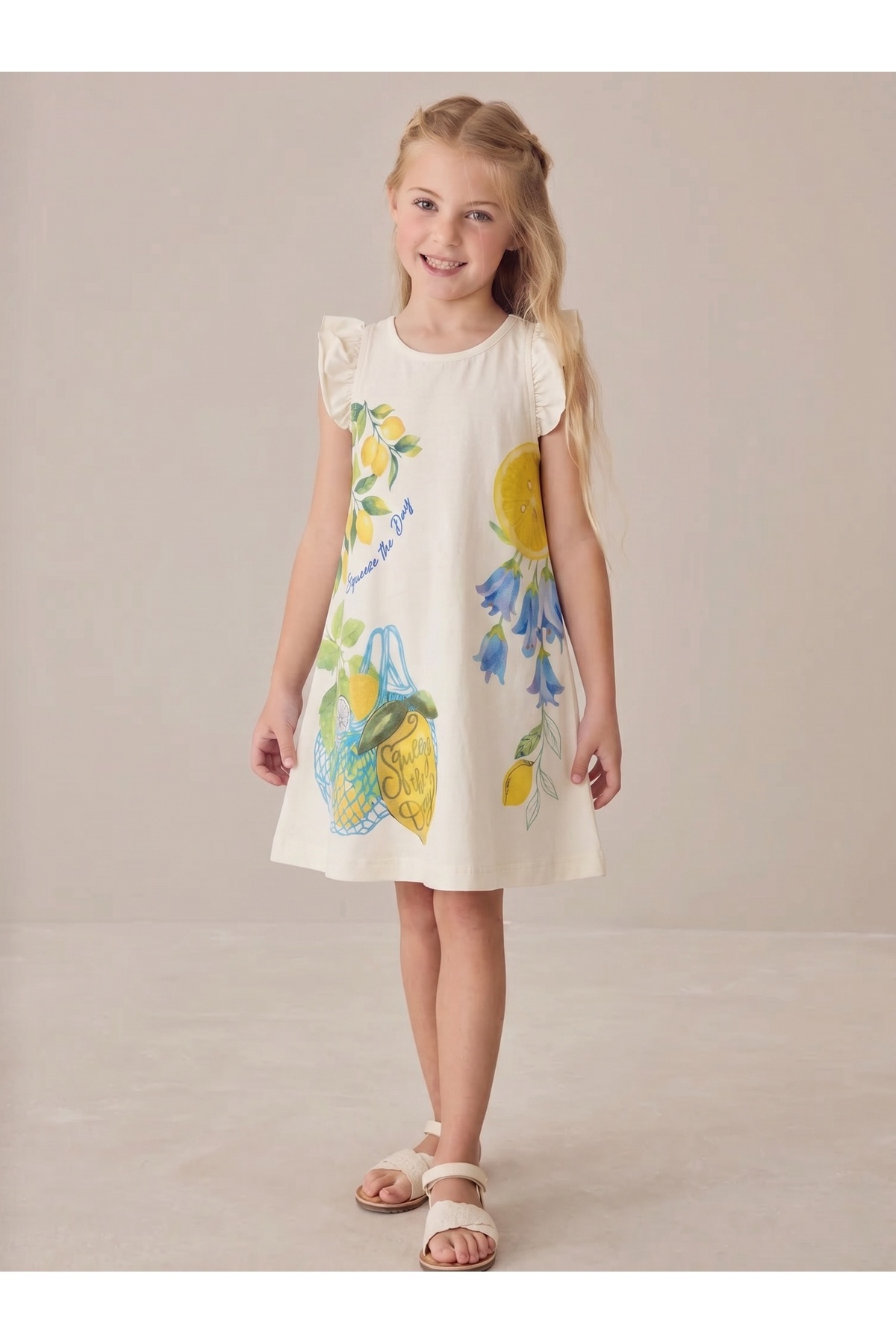 Tinymuyt Girl's Combed Cotton Ruffle Sleeve Summer Dress Lemon Pattern Cream